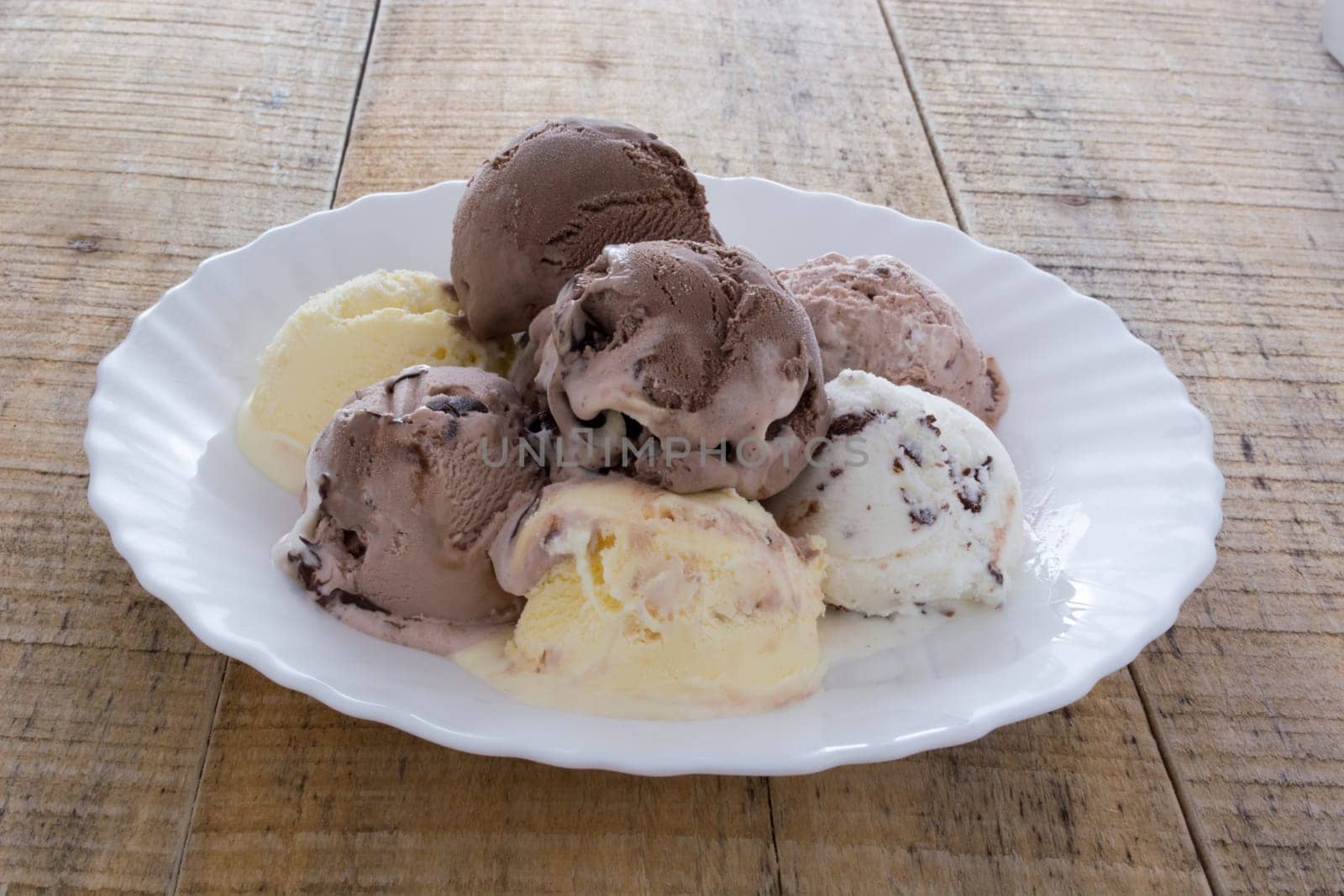 Scoops of chocolate ice cream in the white plate