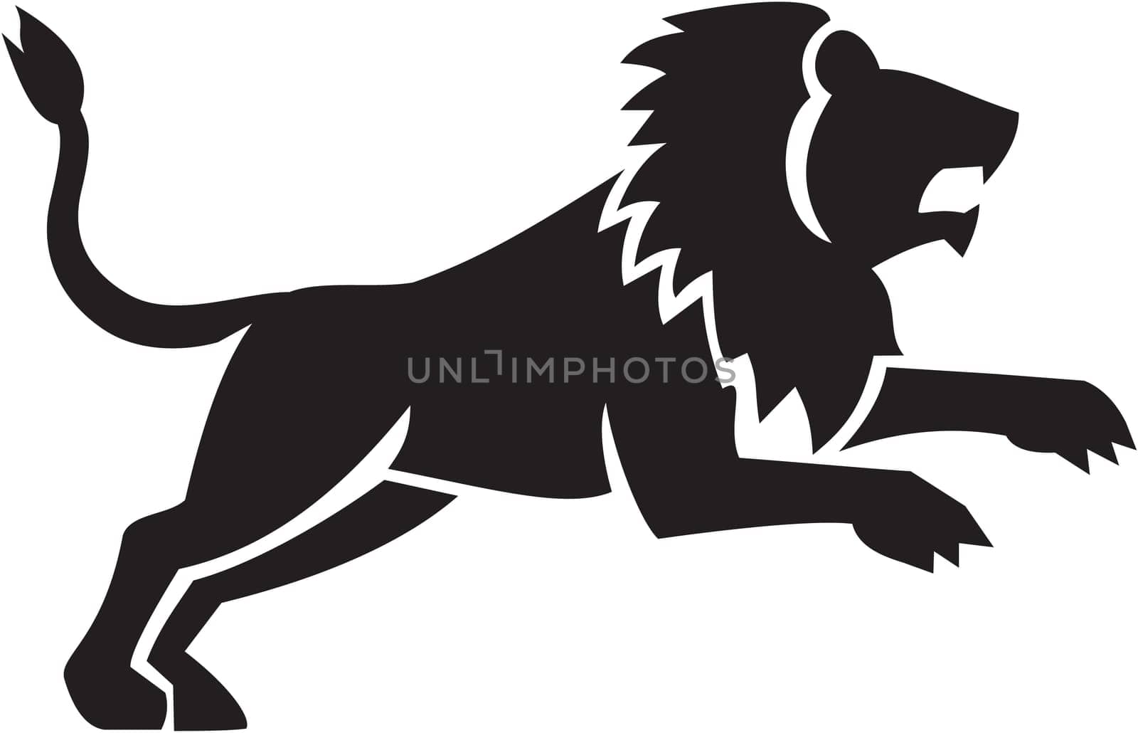 Illustration of a lion silhouette jumping viewed from the side set on isolated white background done in retro style.