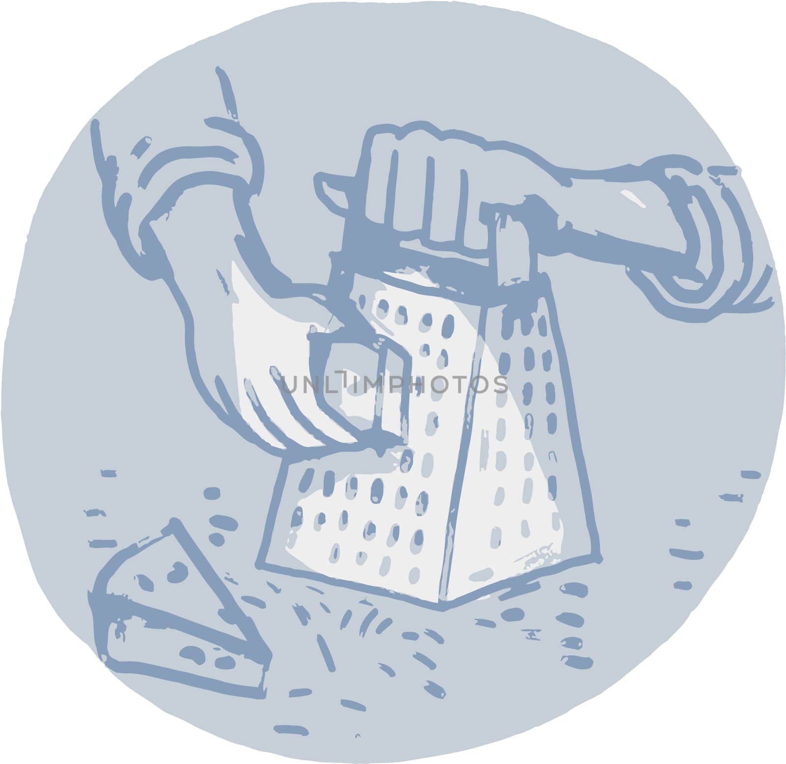 Watercolor sytle illustration of a hand holding handheld cheese grater grating viewed from front set inside circle.