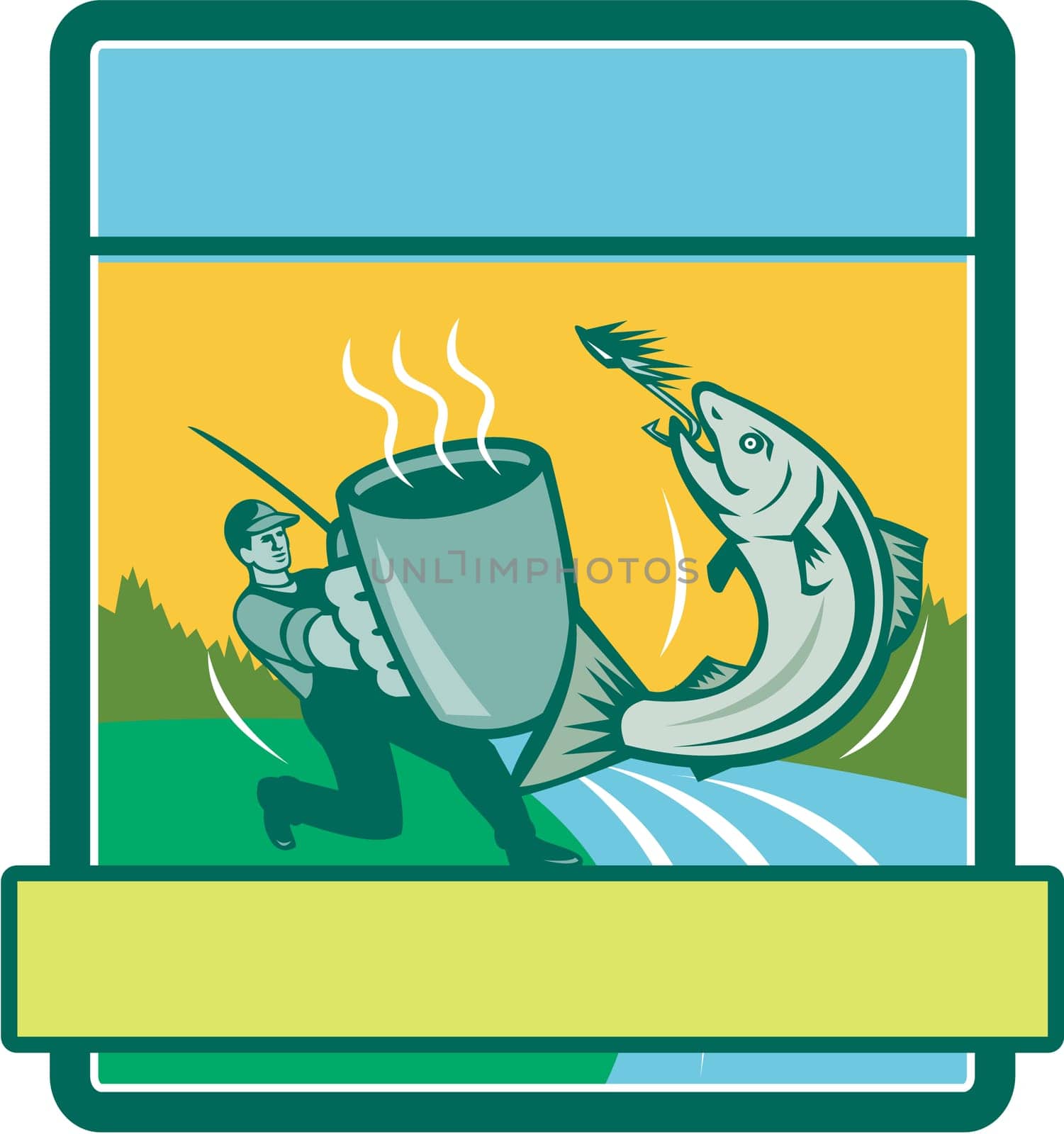 Illustration of a fly fisherman fishing holding mug catching salmon viewed from the side set inside rectangle shape with river sea and trees in the background done in retro style.