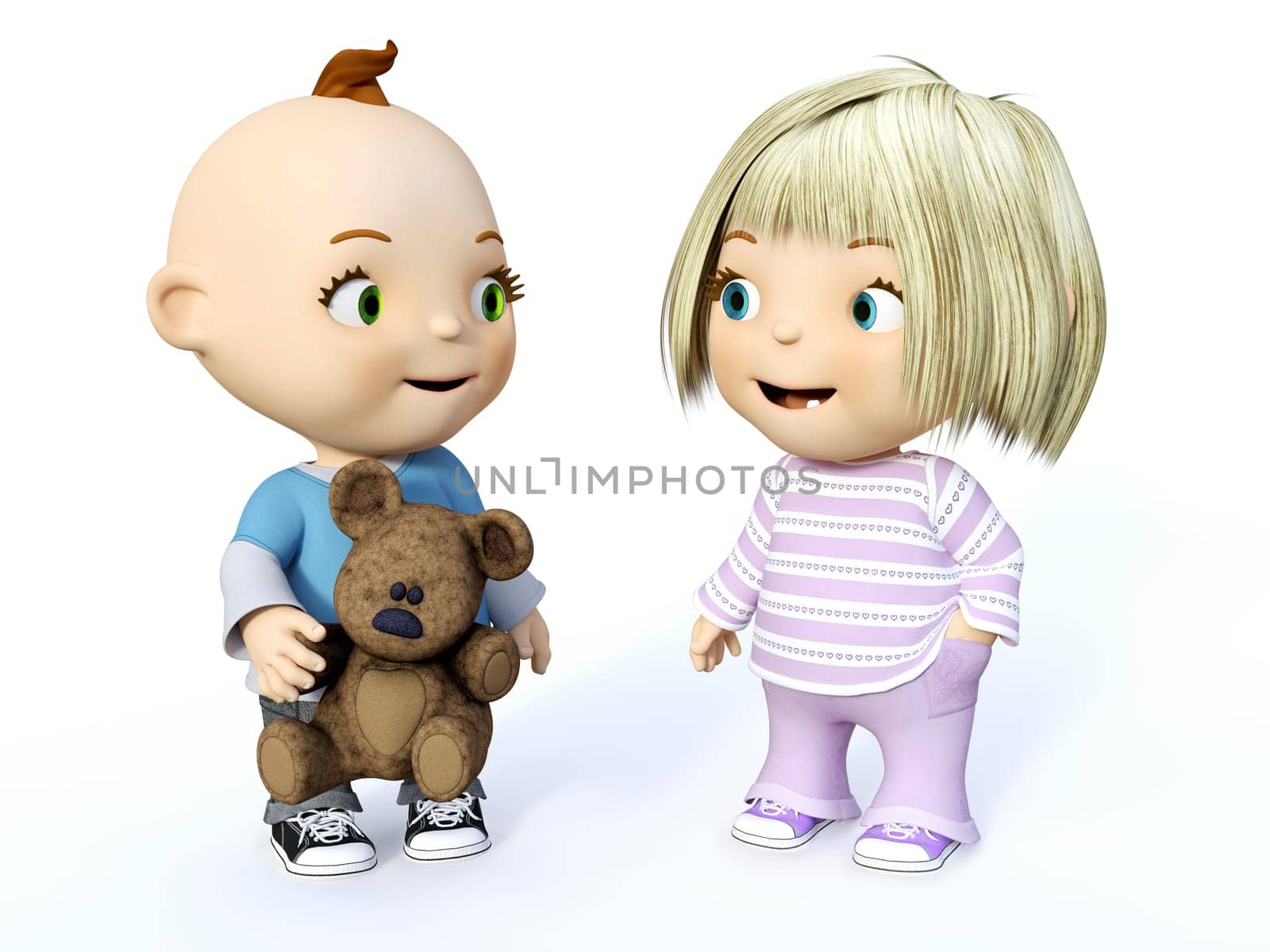 Cute smiling cartoon toddler boy and girl looking at each other, 3D rendering. White background.