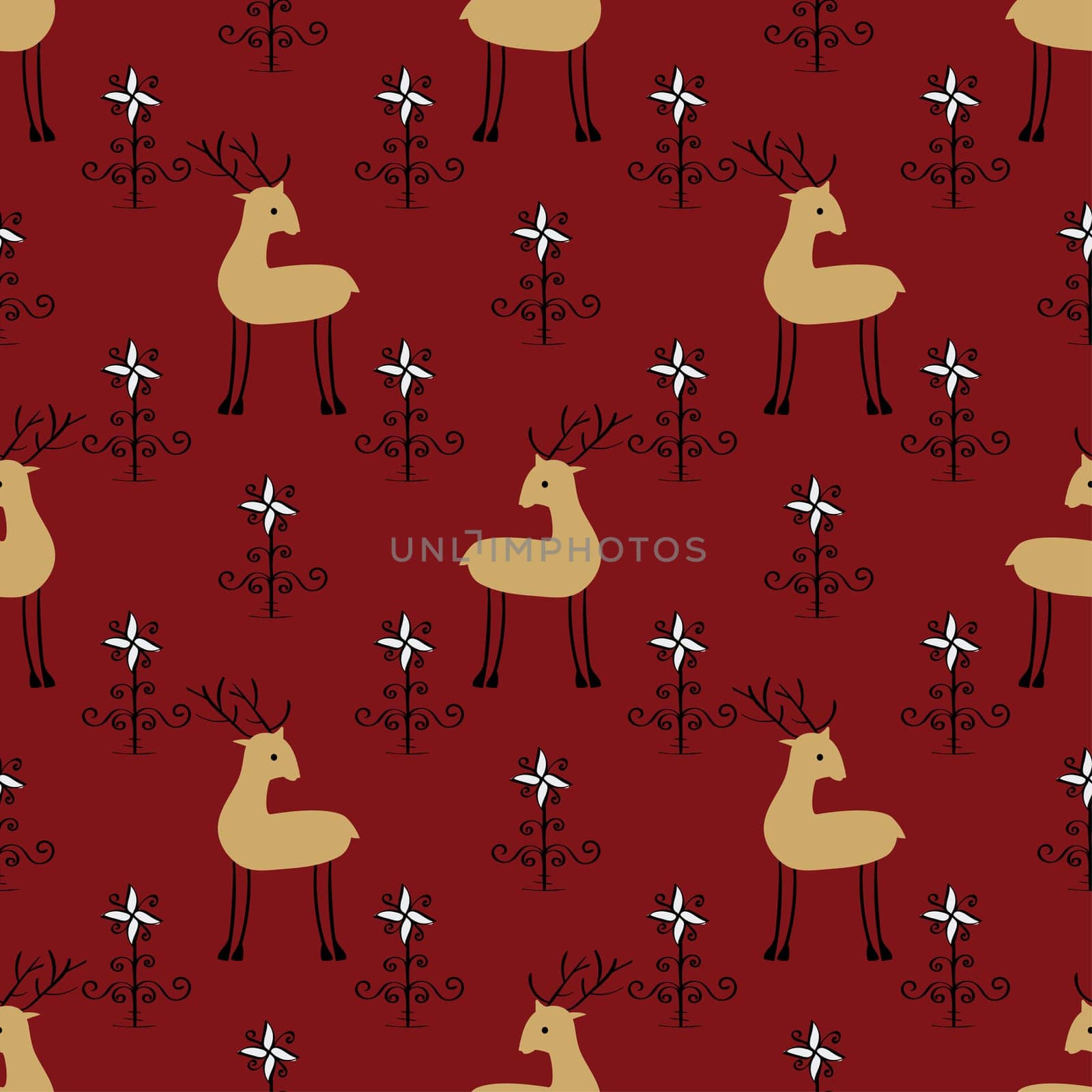 Deer among flowers seamless pattern. Ethnic ornament vector background.