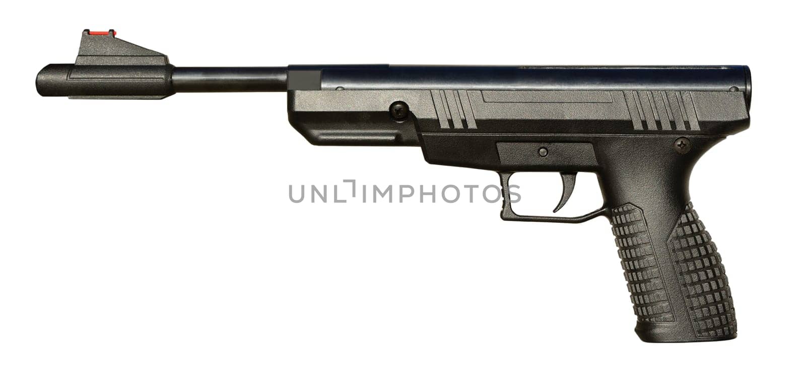 Black airgun pistol isolated on white background.