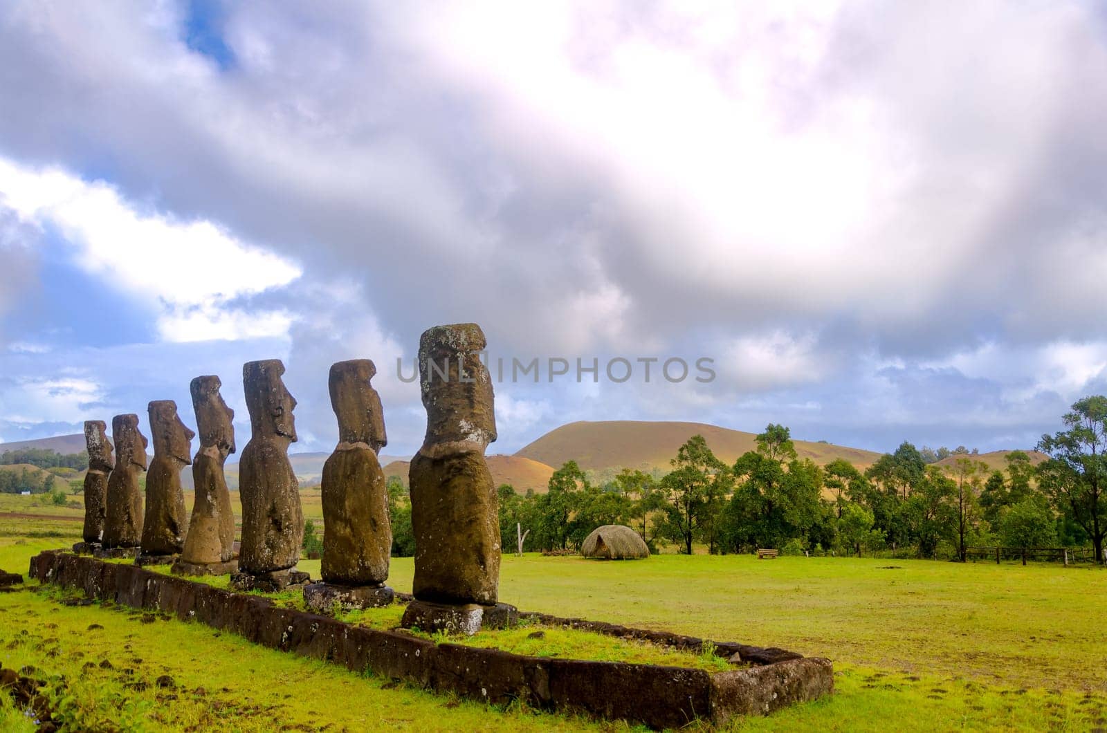 Beautiful Moai statues overlooking Easter Island, Chile