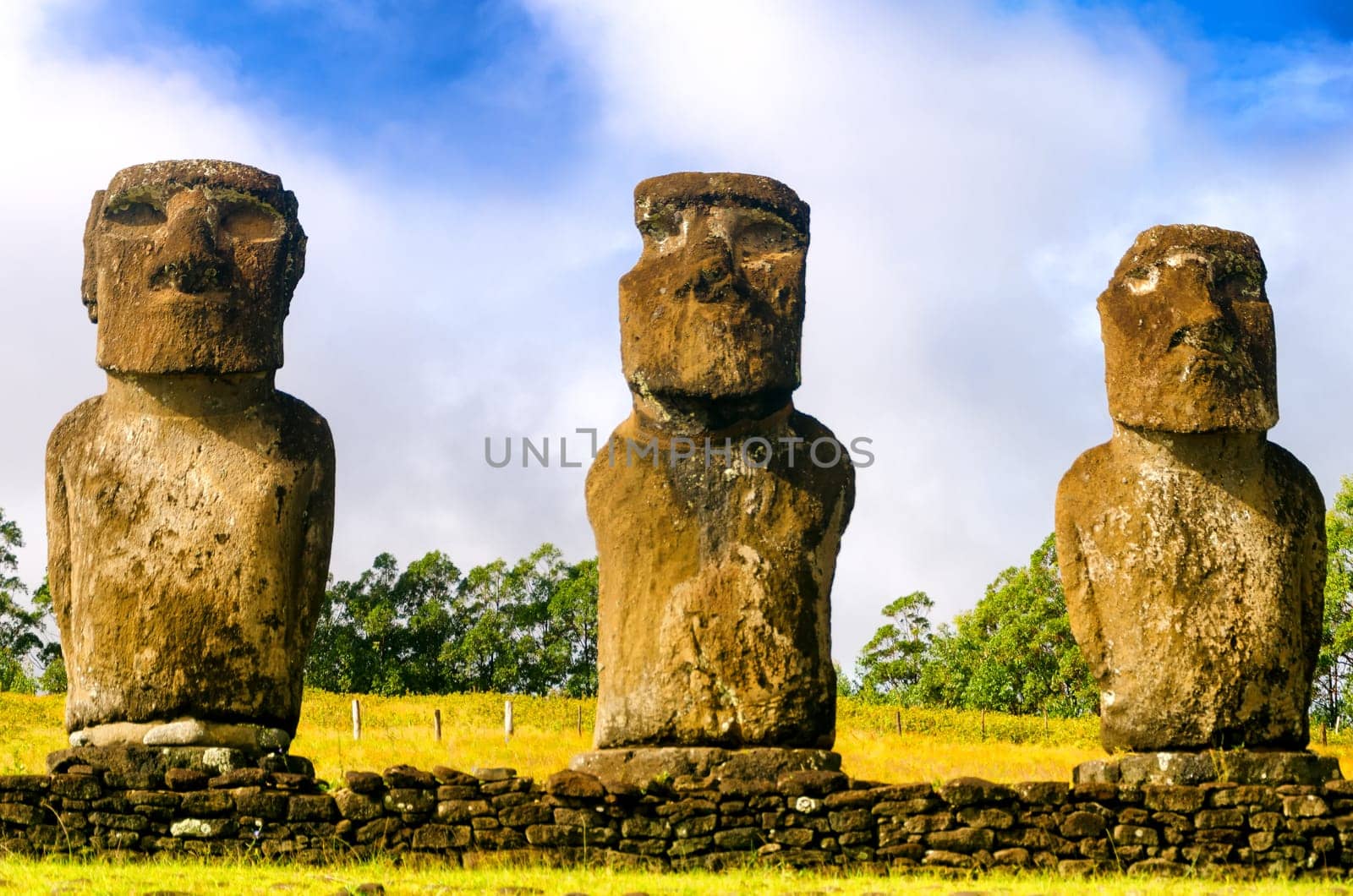 Three Moai statues on Easter Island, Chile