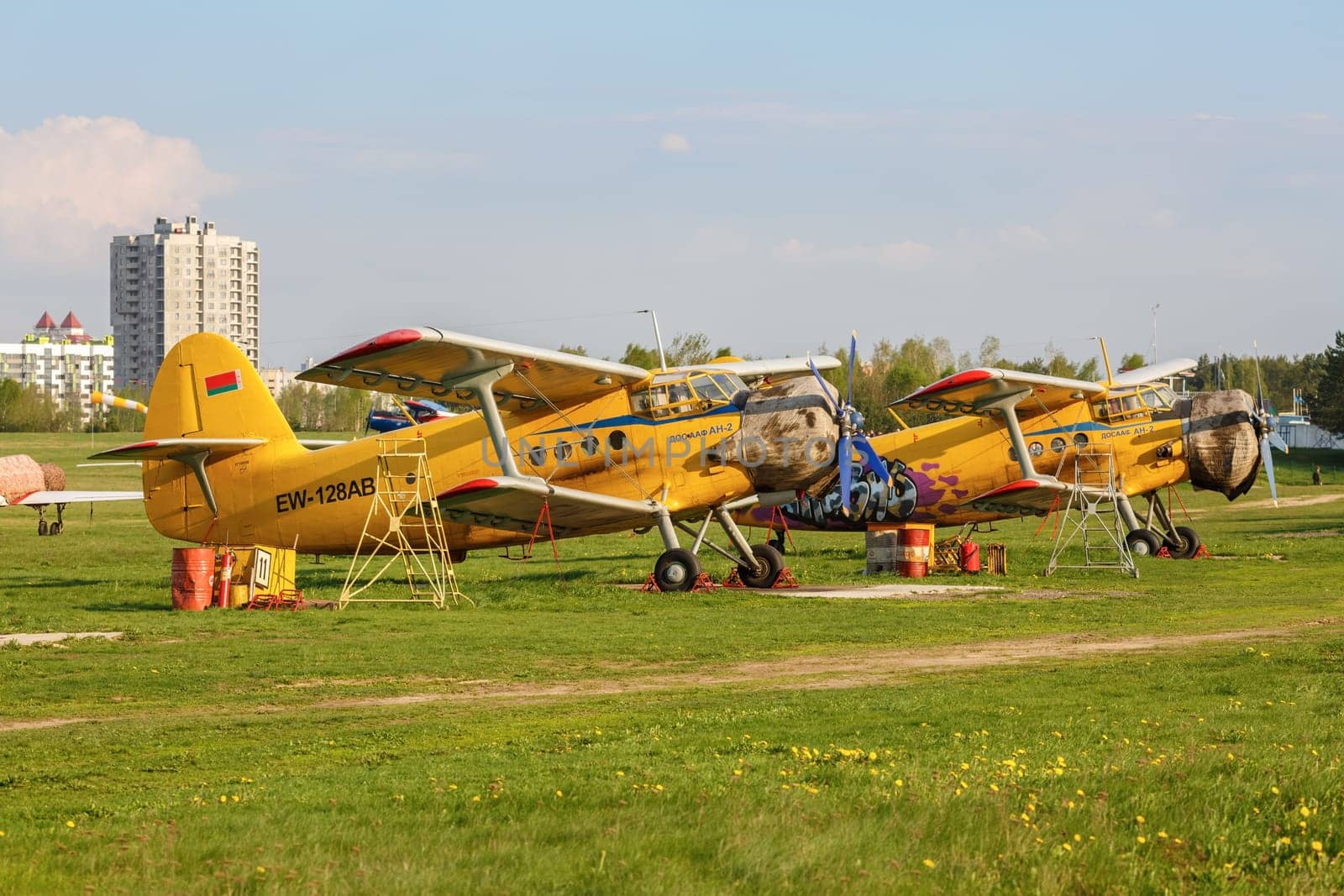MINSK, BELARUS - MAY 07, 2016:Two biplane An-2. An-2 is a Soviet mass-produced single-engine biplane utility agricultural aircraft designed and manufactured by the Antonov Design Bureau beginning in 1946.
