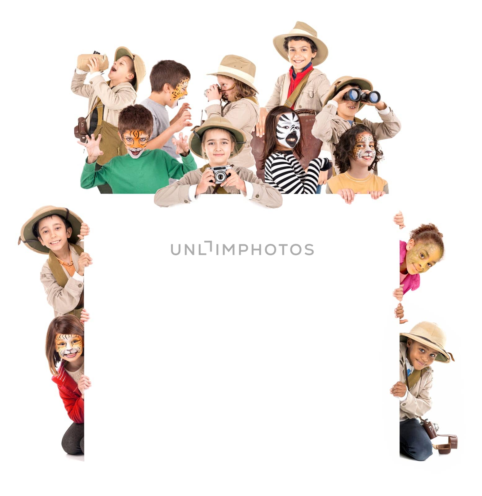 Children's group in safari clothes and animal face-paint over a white board