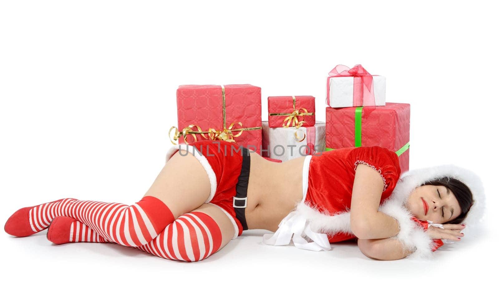pretty sexy mother dressed as Santa on the floor