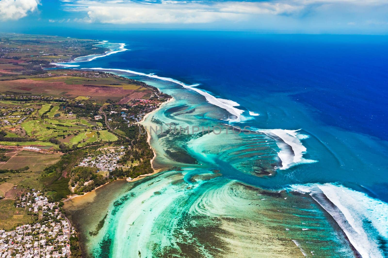 Aerial view of the underwater channel. Amazing Mauritius landscape