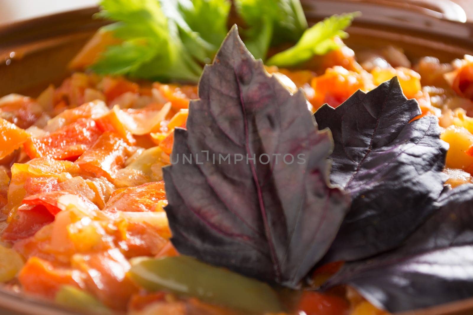 Closeup of delicious stew with mixed vegetables, arranged with green and purple leaves