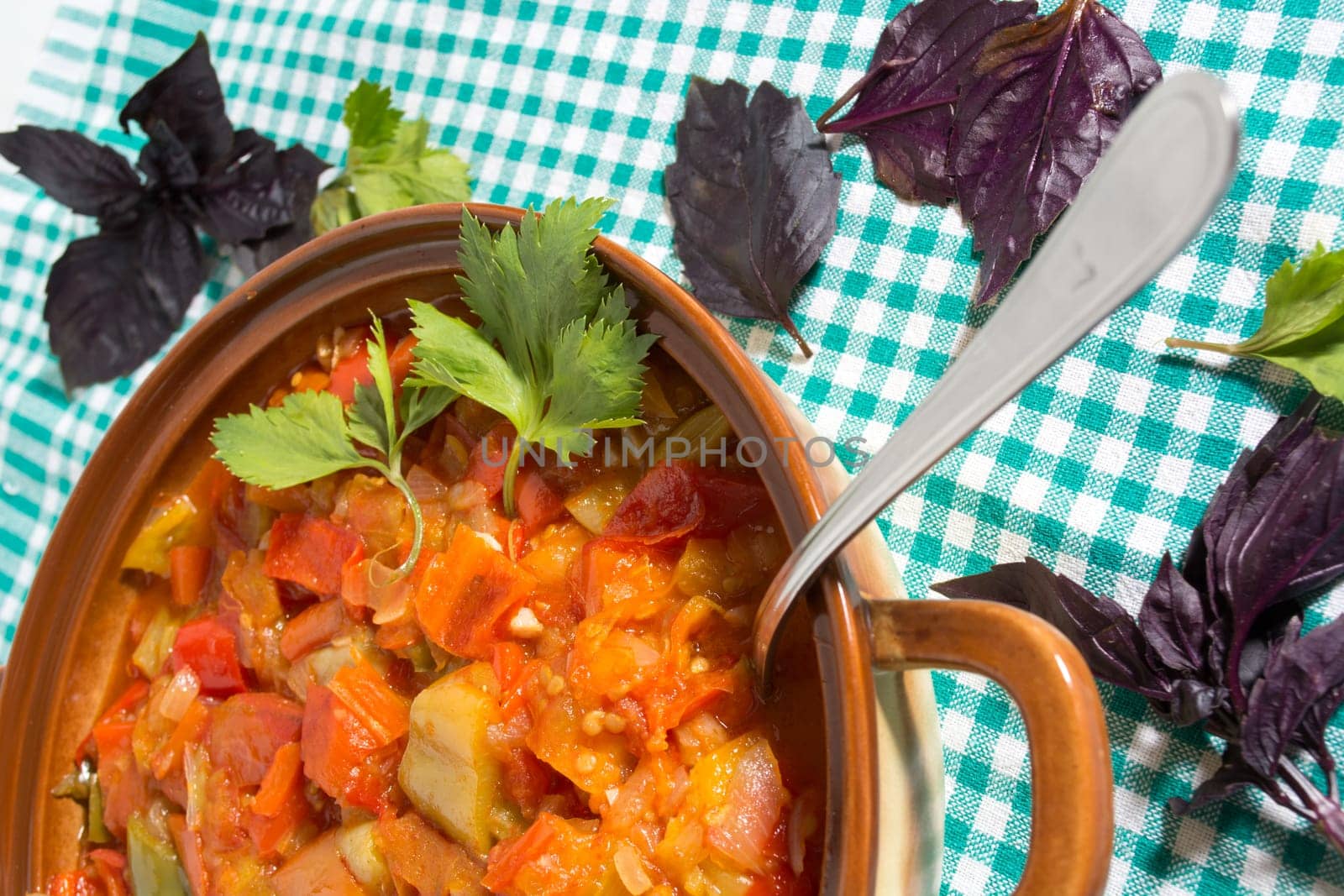 Closeup of delicious stew with mixed vegetables, arranged with green and purple leaves