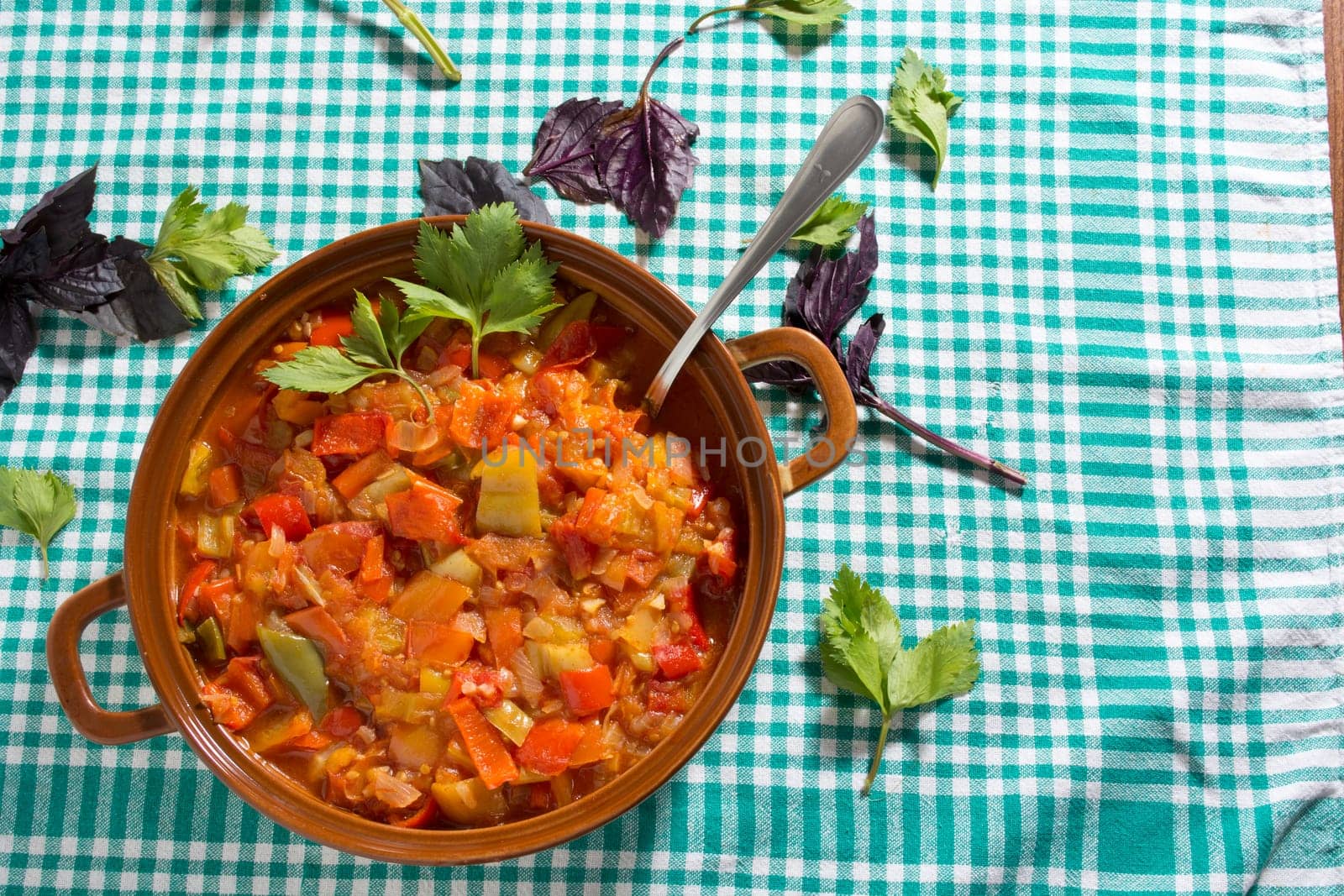 Closeup of delicious stew with mixed vegetables, arranged with green and purple leaves