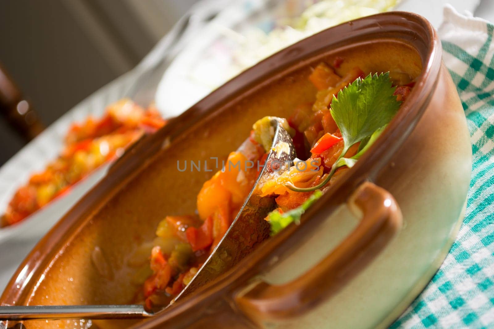 Closeup of vegan stew, half eaten with ladle