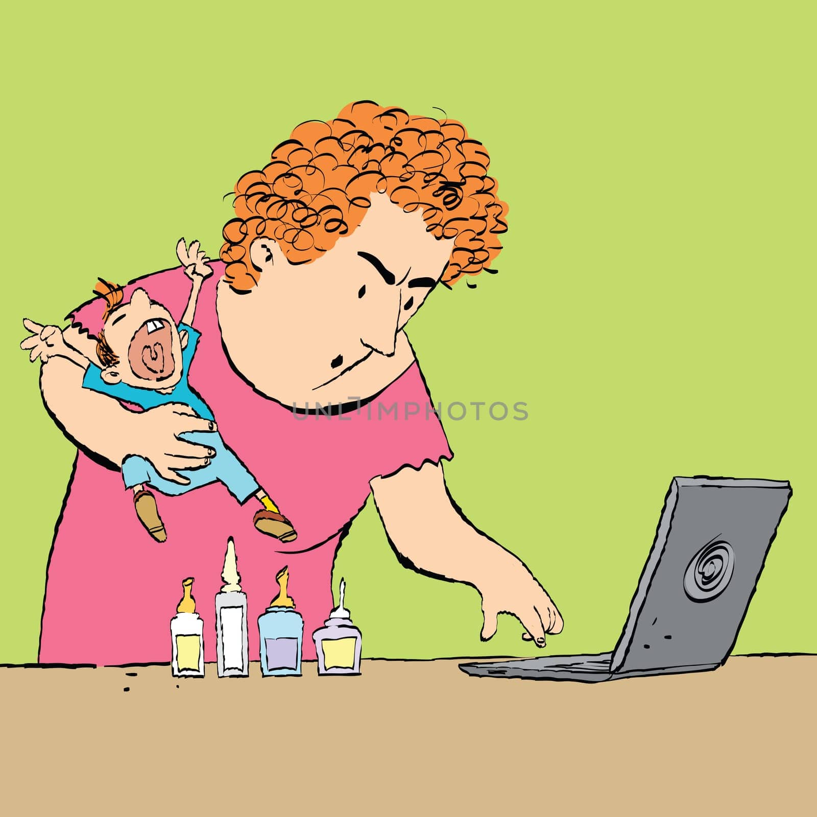 Mother treats the child, reading medical sites. Medicine and health. Modern technology