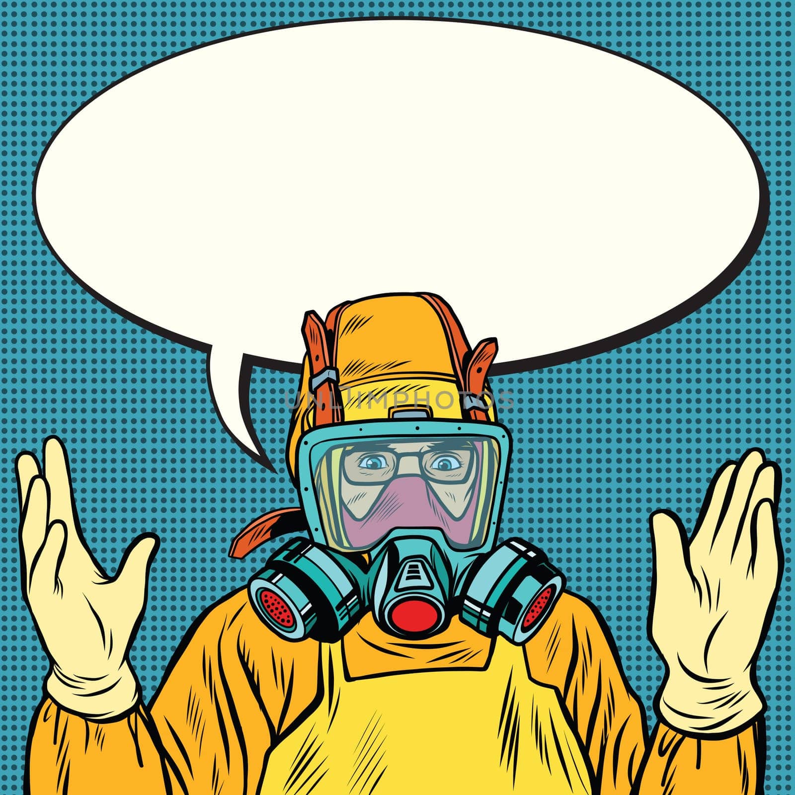 Scientist chemist in protective suit, lab. Pop art retro vector illustration