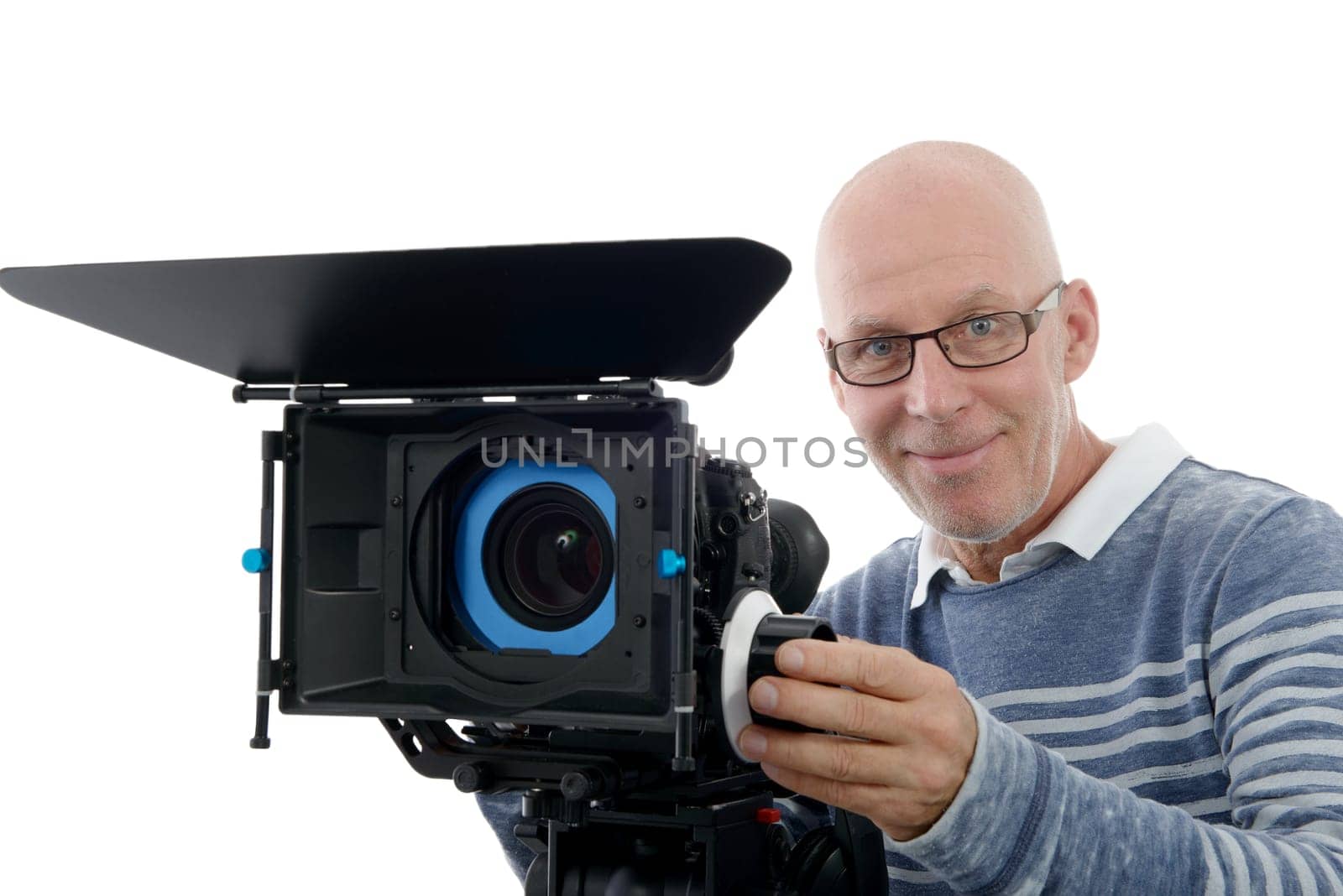 Handsome man with camcorderi isolated on white background