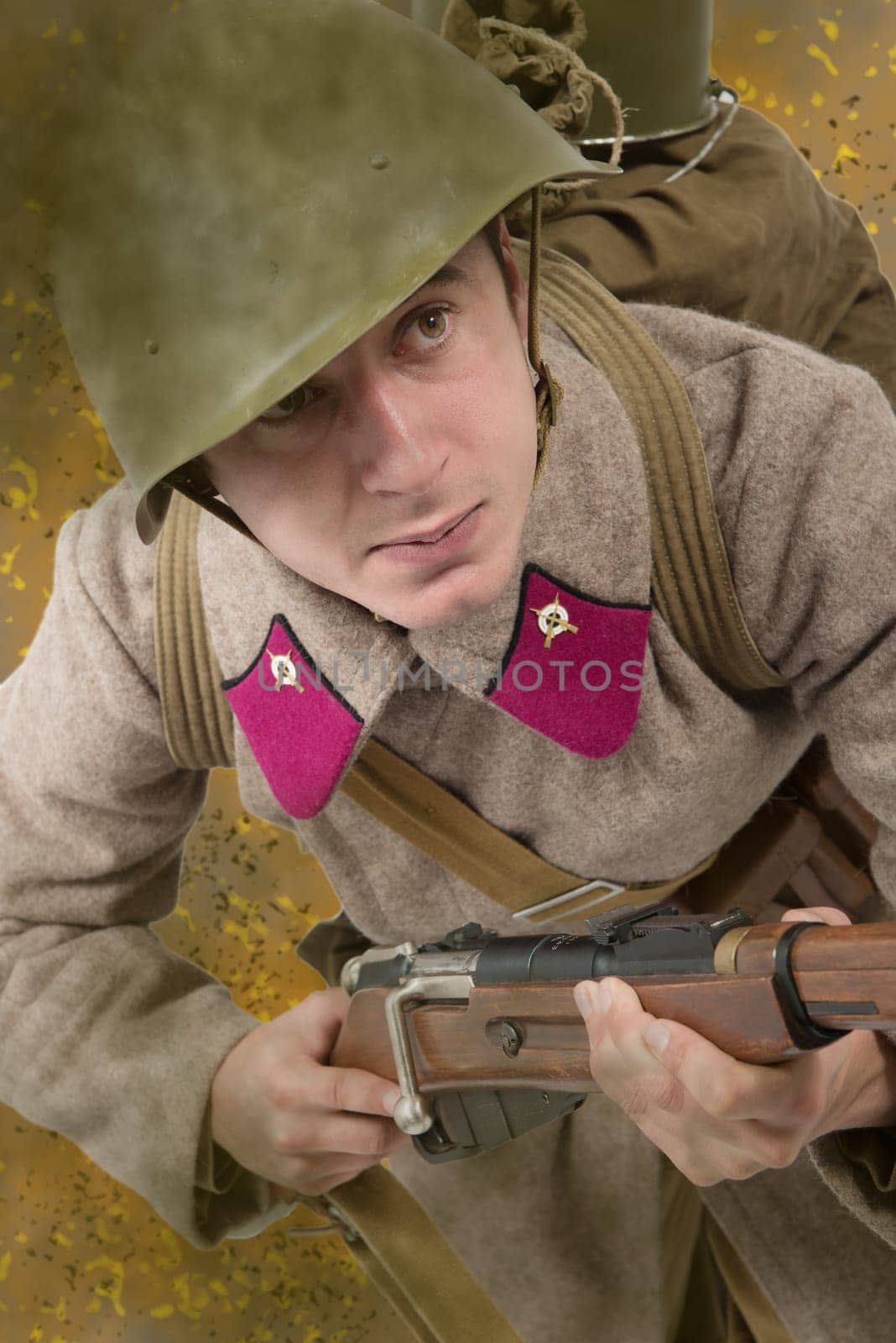 young Soviet soldier ww2 with rifle, attack