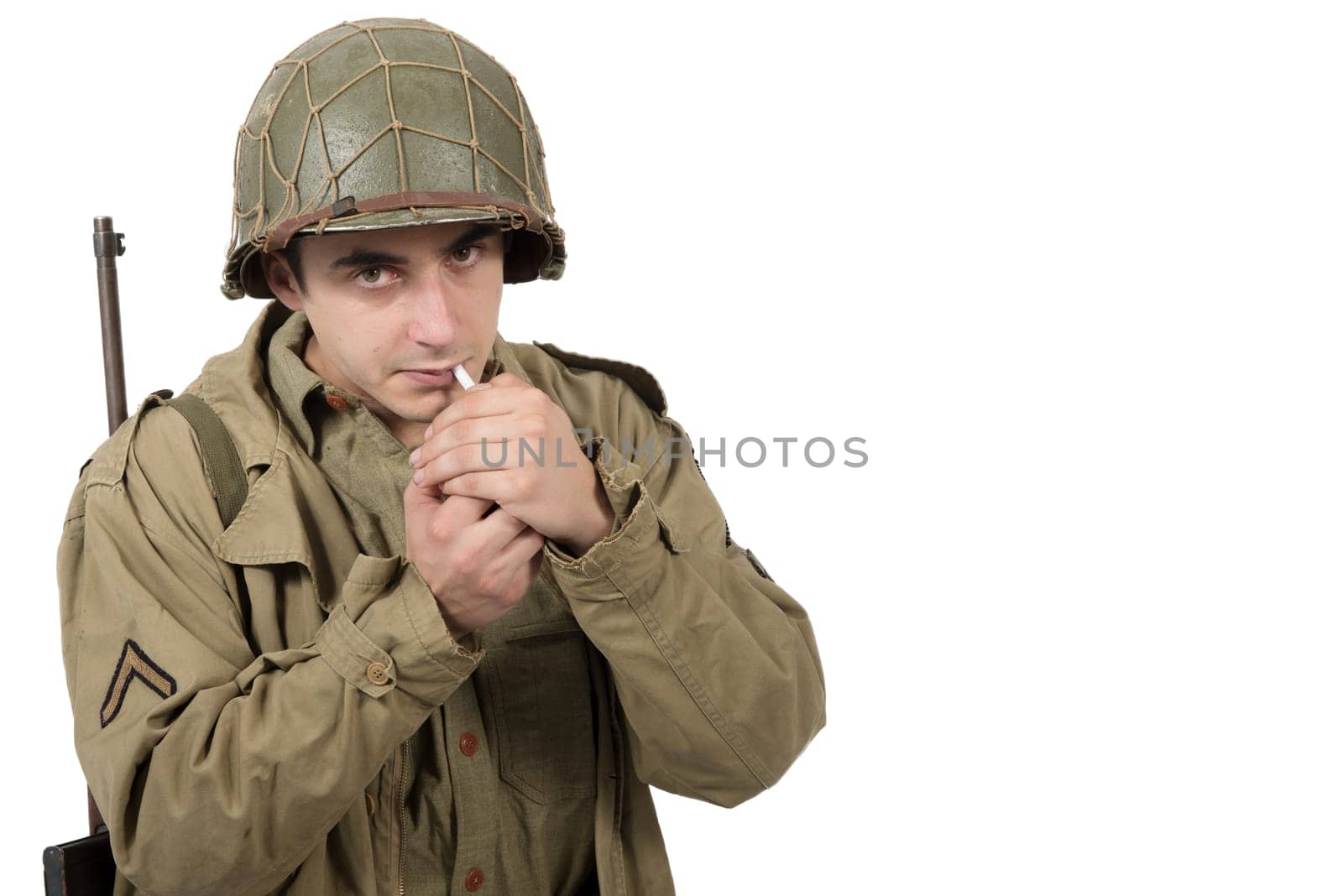 young American soldier smoke a cigarette, world war two