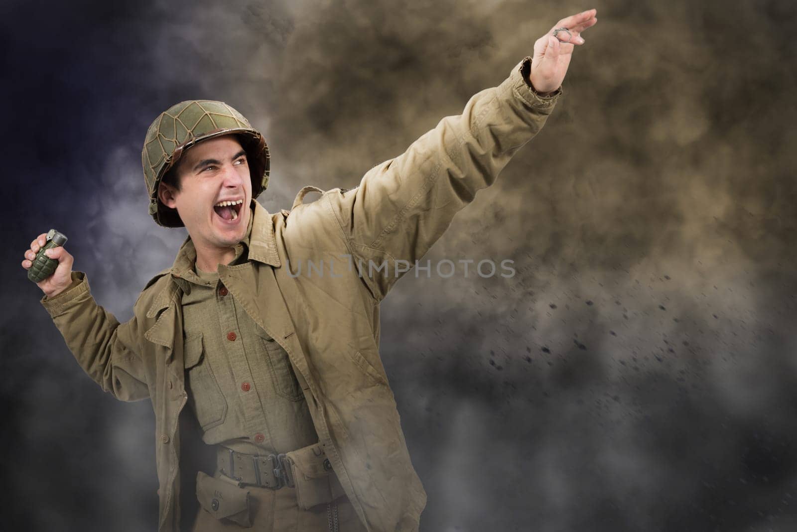 young American soldier ww2 throwing a grenade