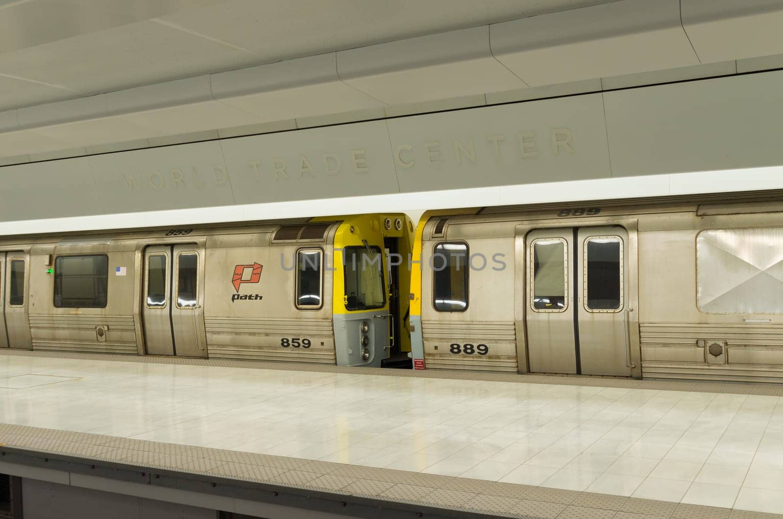 NEW YORK CITY - MAY 2, 2016: Path train on platform at the New York World Train Center station. The Port Authority Trans-Hudson trains run 24 hours a day and 7 days a week.