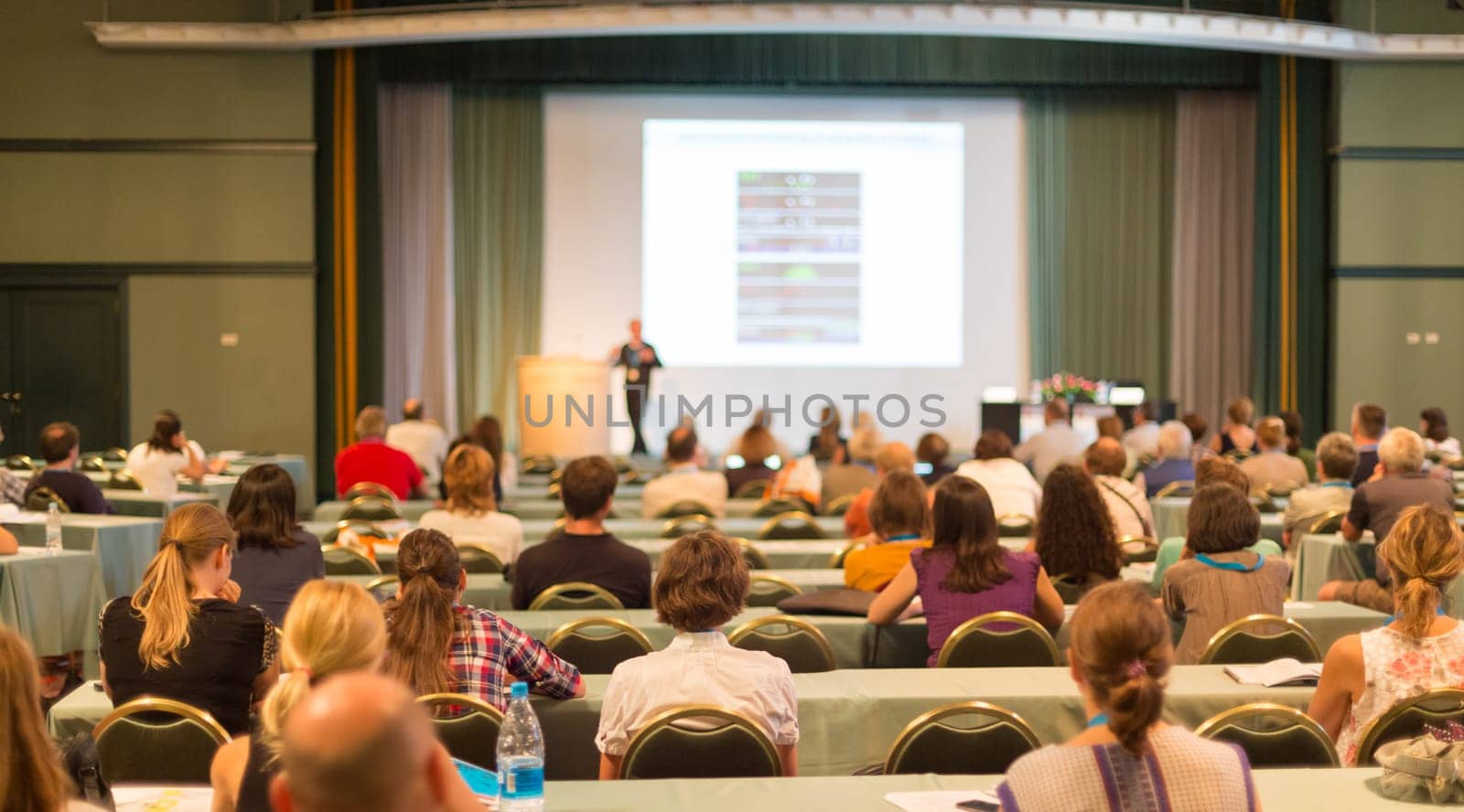 Business and entrepreneurship symposium. Speaker giving a talk at business meeting. Audience in the conference hall. Rear view of unrecognized participant in audience.