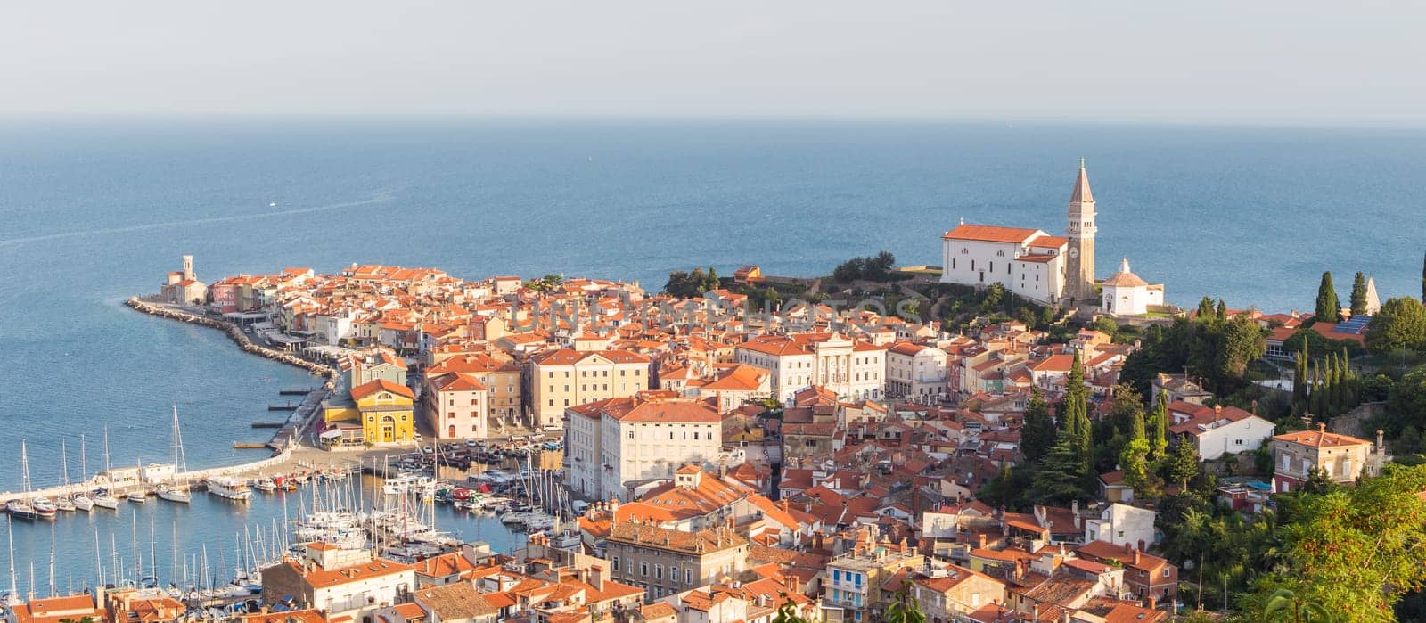 Picturesque old town Piran on Slovenian adriatic coast in afternoon sun.