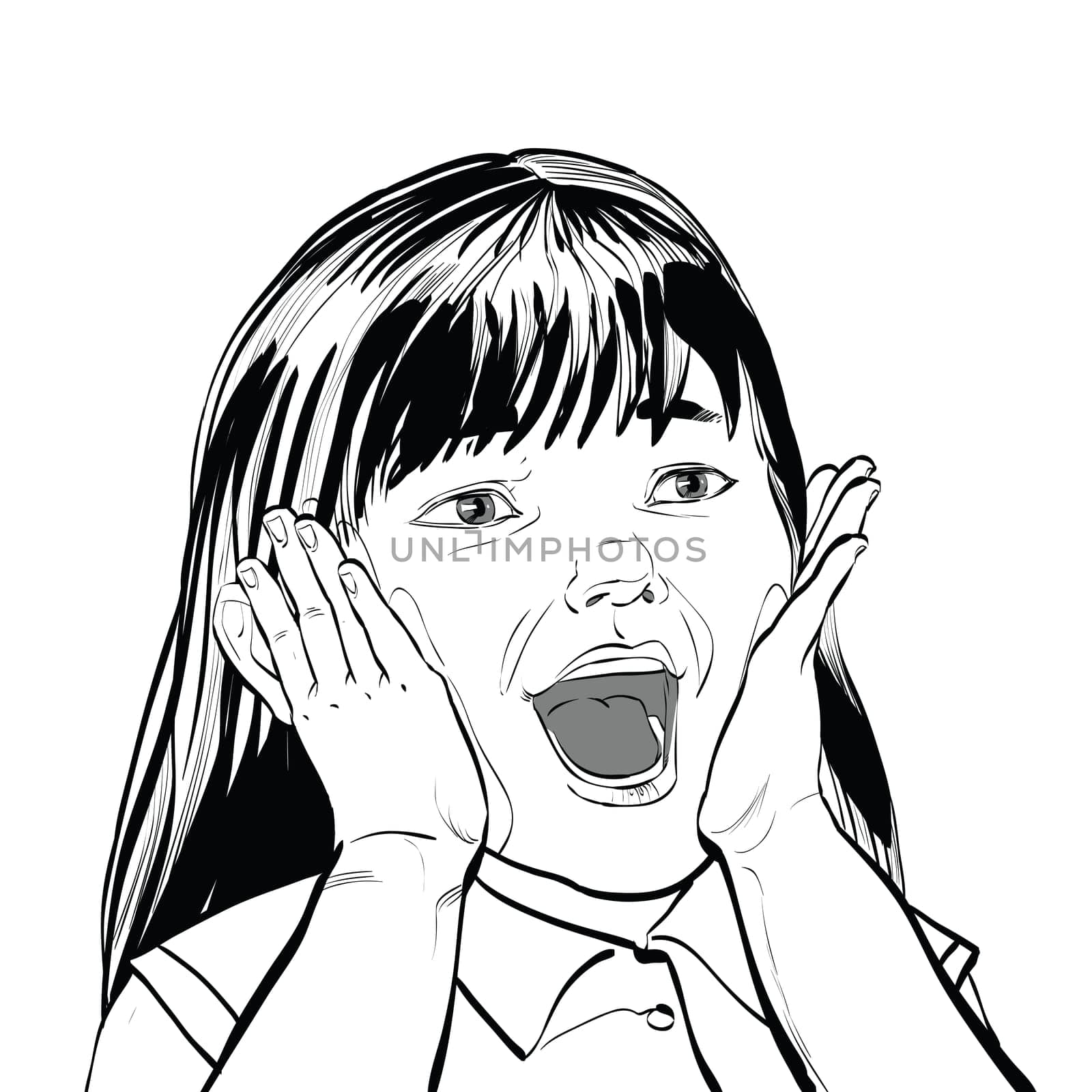 Wow screams cute girl black and white illustration, sketch vector. Surprise and wonder. Childrens emotions