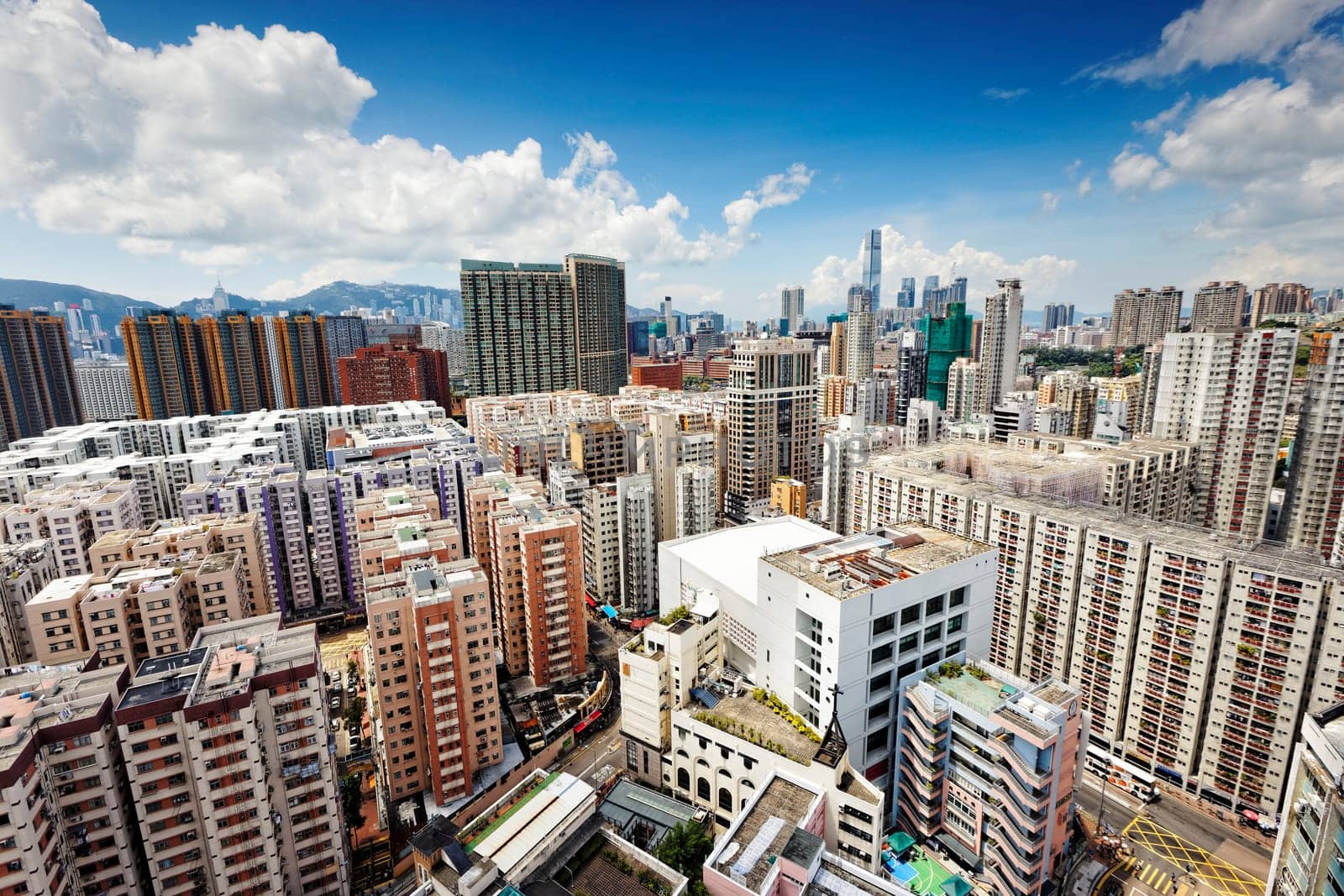 Hong Kong business center with a clear blue sky