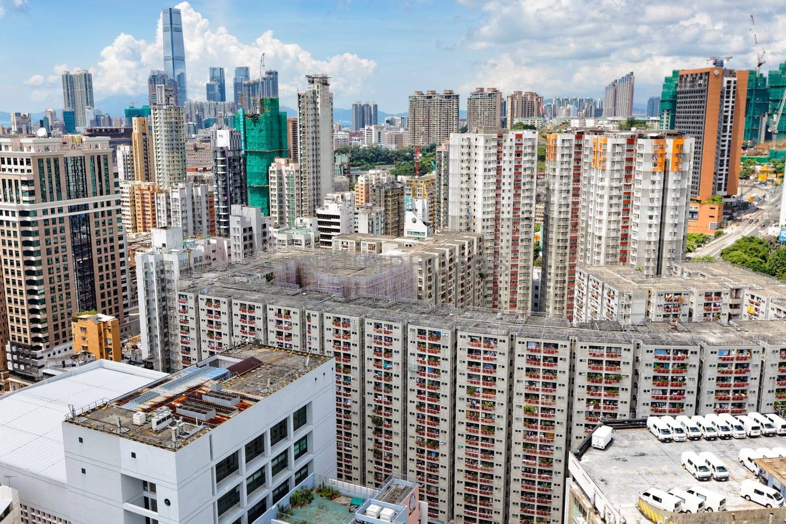 Hong Kong business center with a clear blue sky