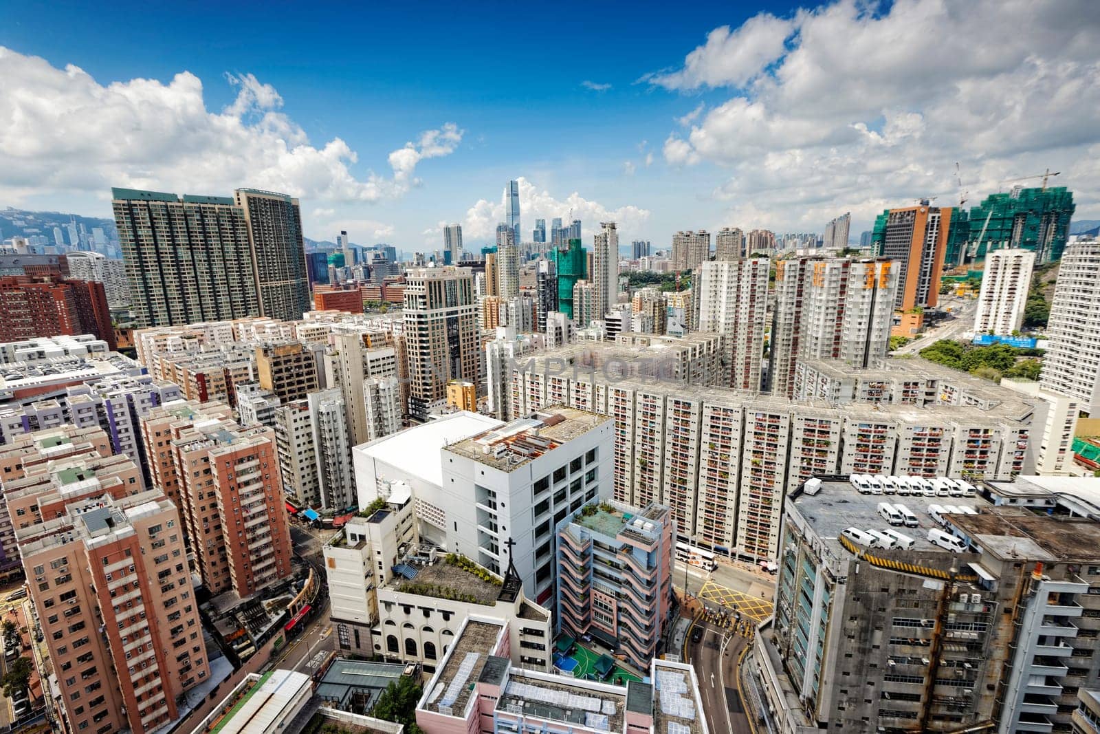 Hong Kong business center with a clear blue sky