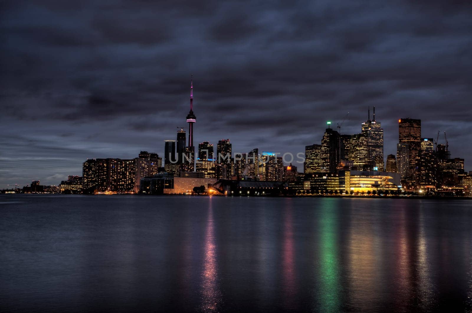 Night Shot Toronto City in Ontario Canada Lake reflection