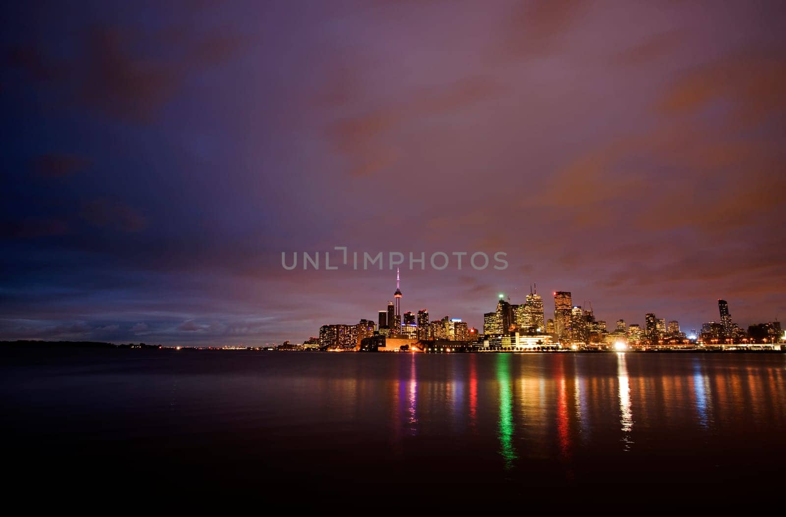 Night Shot Toronto City in Ontario Canada Lake reflection