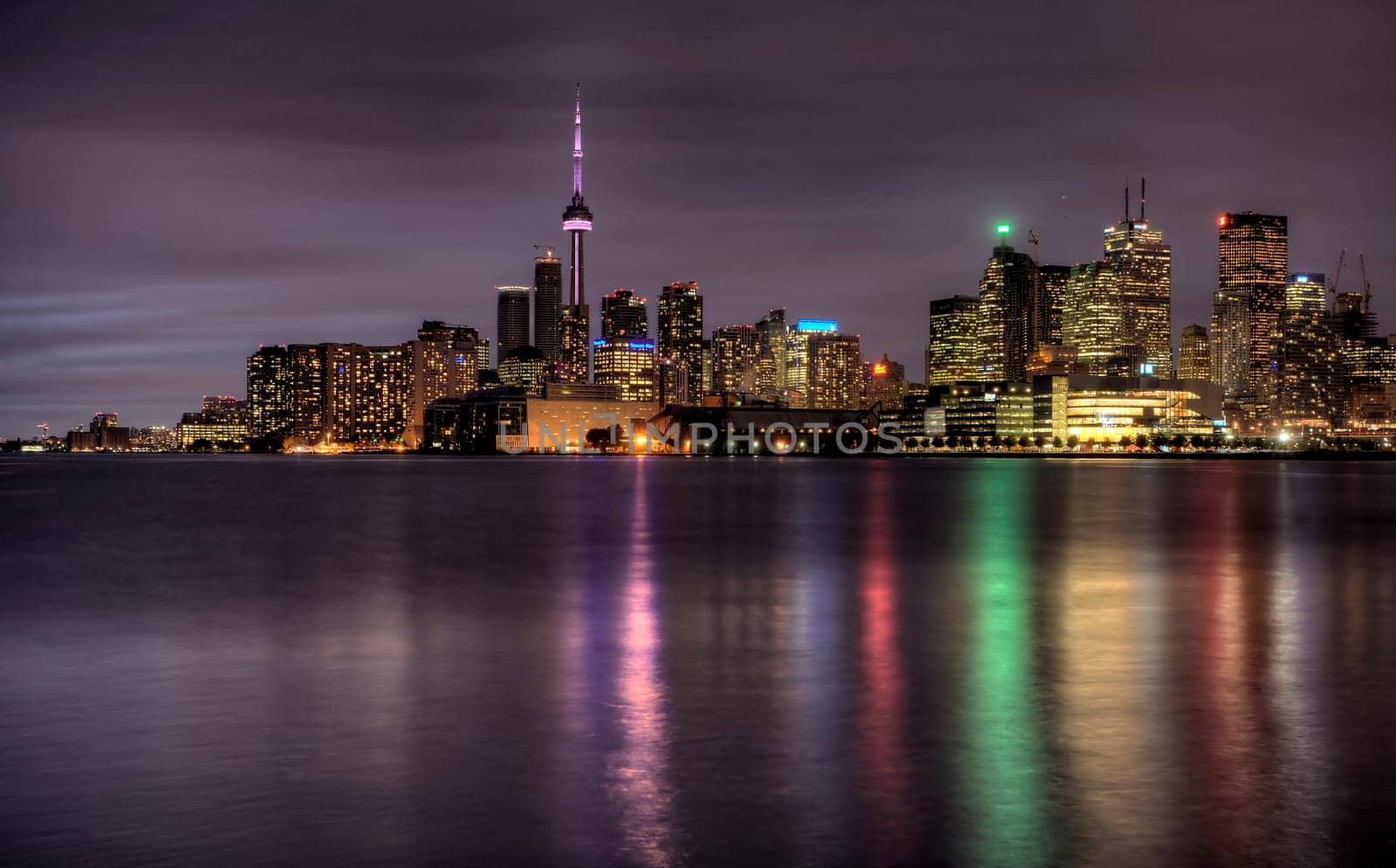 Night Shot Toronto City in Ontario Canada Lake reflection