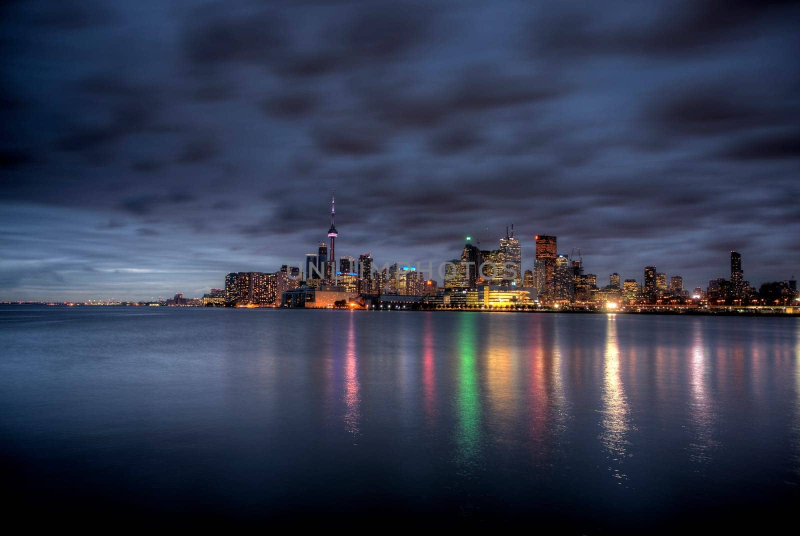 Night Shot Toronto City in Ontario Canada Lake reflection