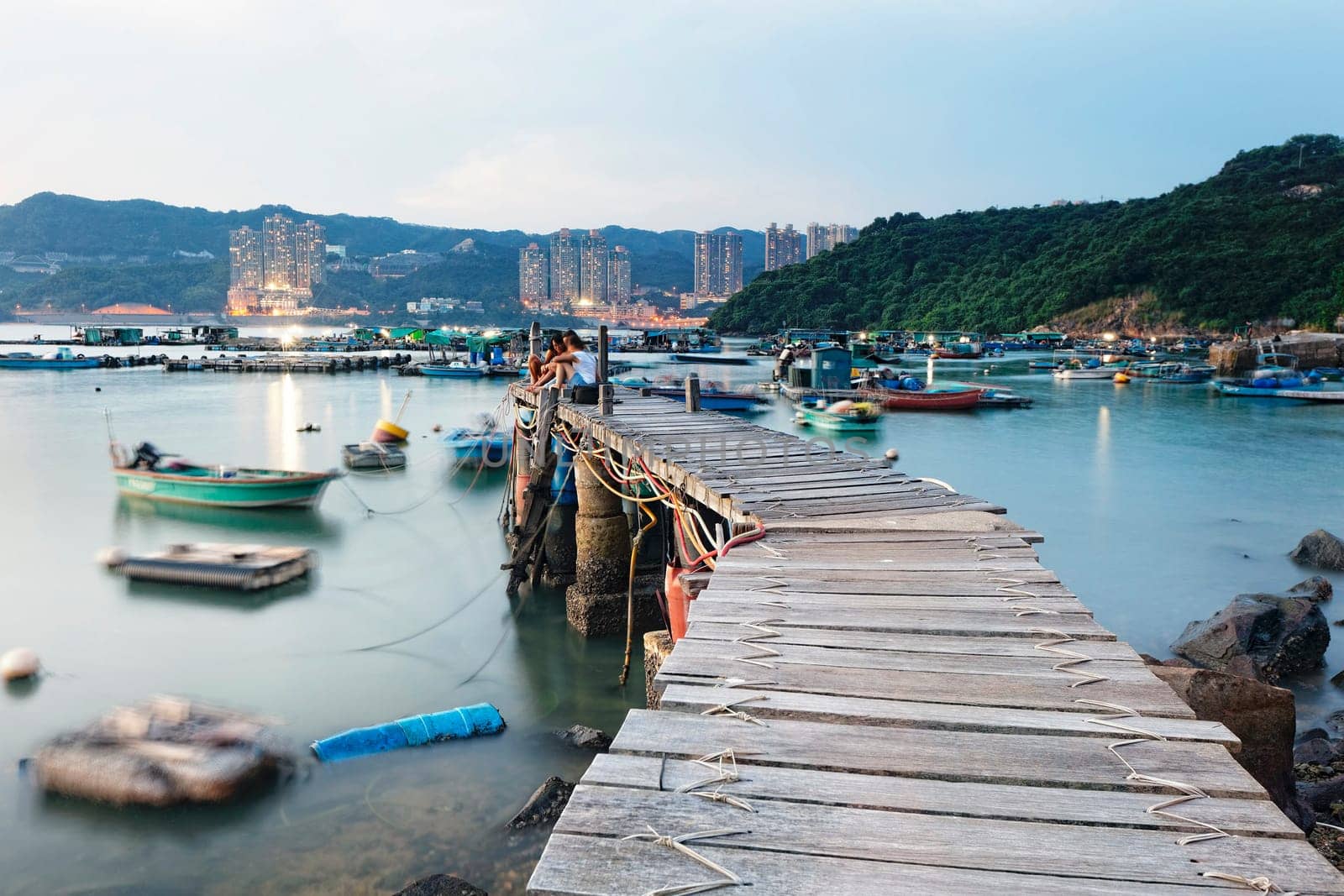 Boat pier at sunset. Beautiful landscape in hong kong
