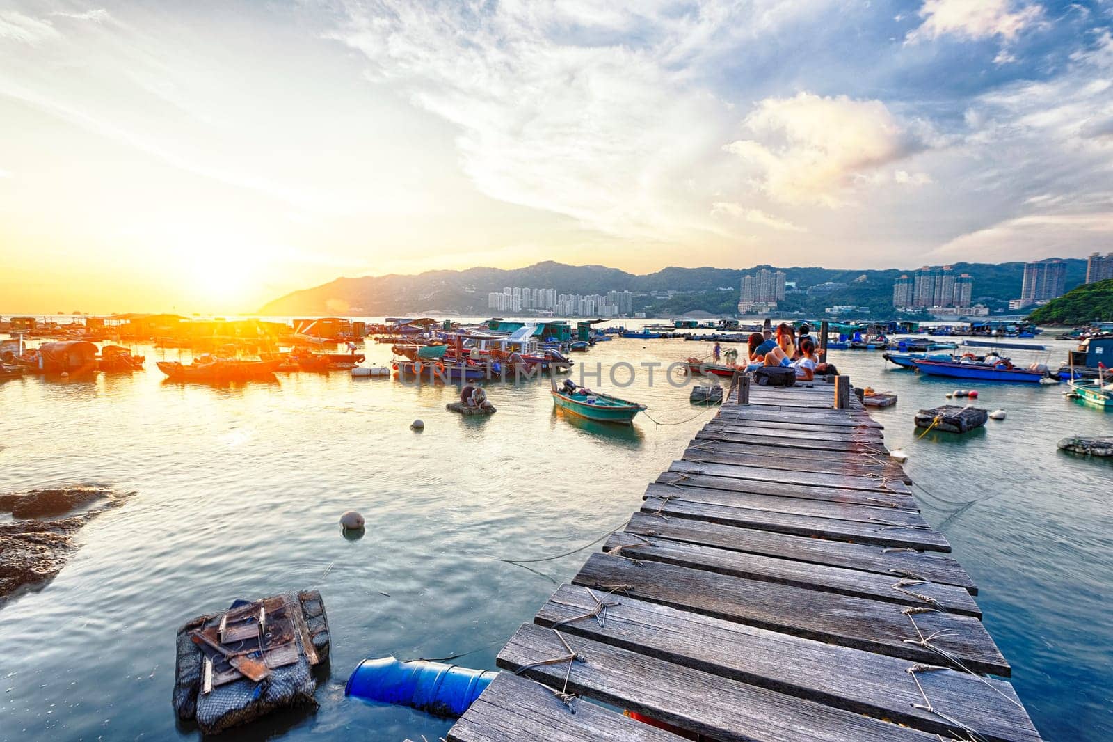 Boat pier at sunset. Beautiful landscape in hong kong