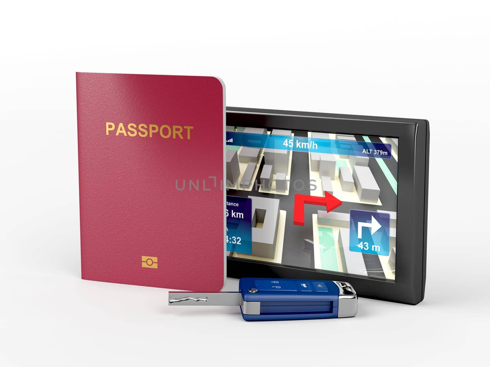 Passport, car key and navigation device on gray background