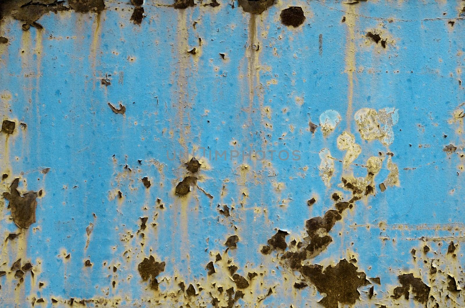 Old rusty light blue metal background with stains