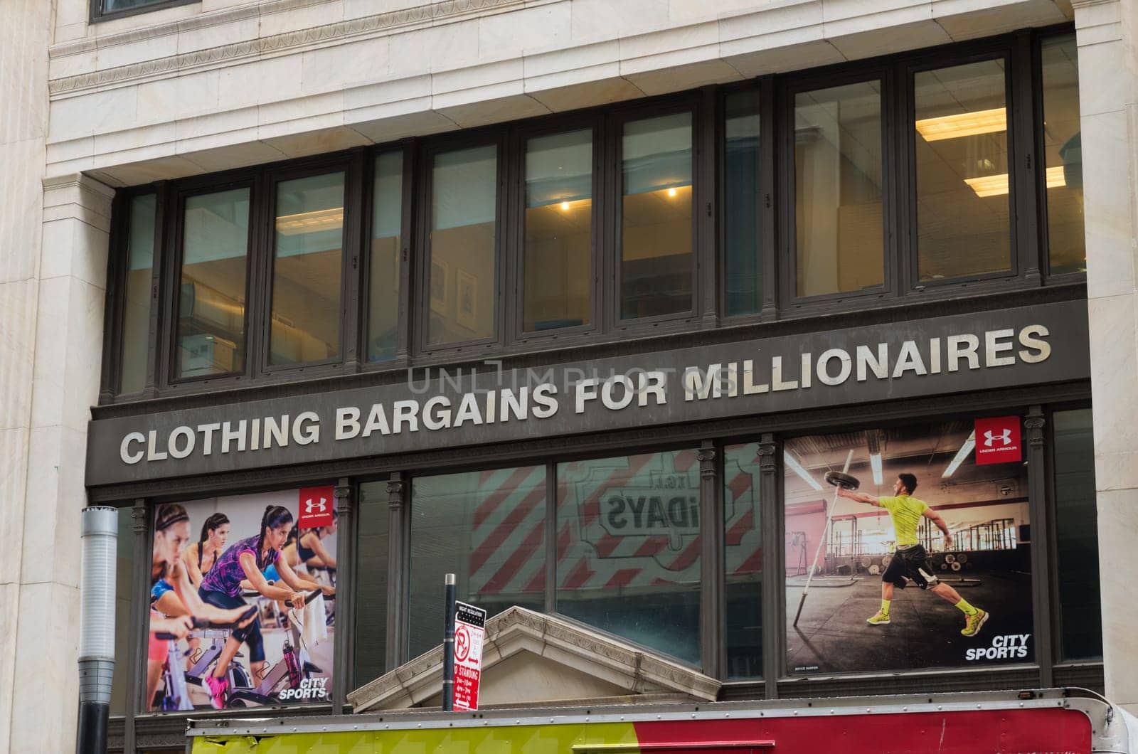 NEW YORK - MAY 2, 2016: Shop in lower manhattan with the catching name "clothing bargains for millionaires""."