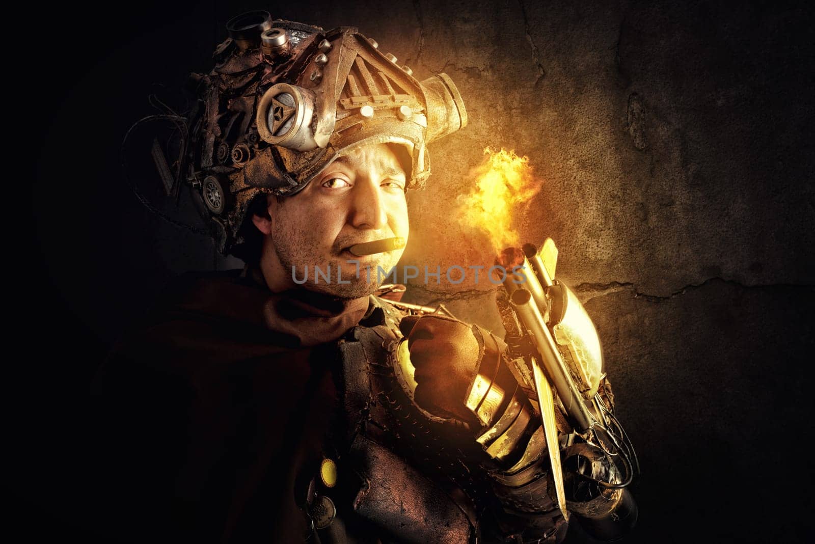 Futuristic soldier lighting a cigar with his own gun