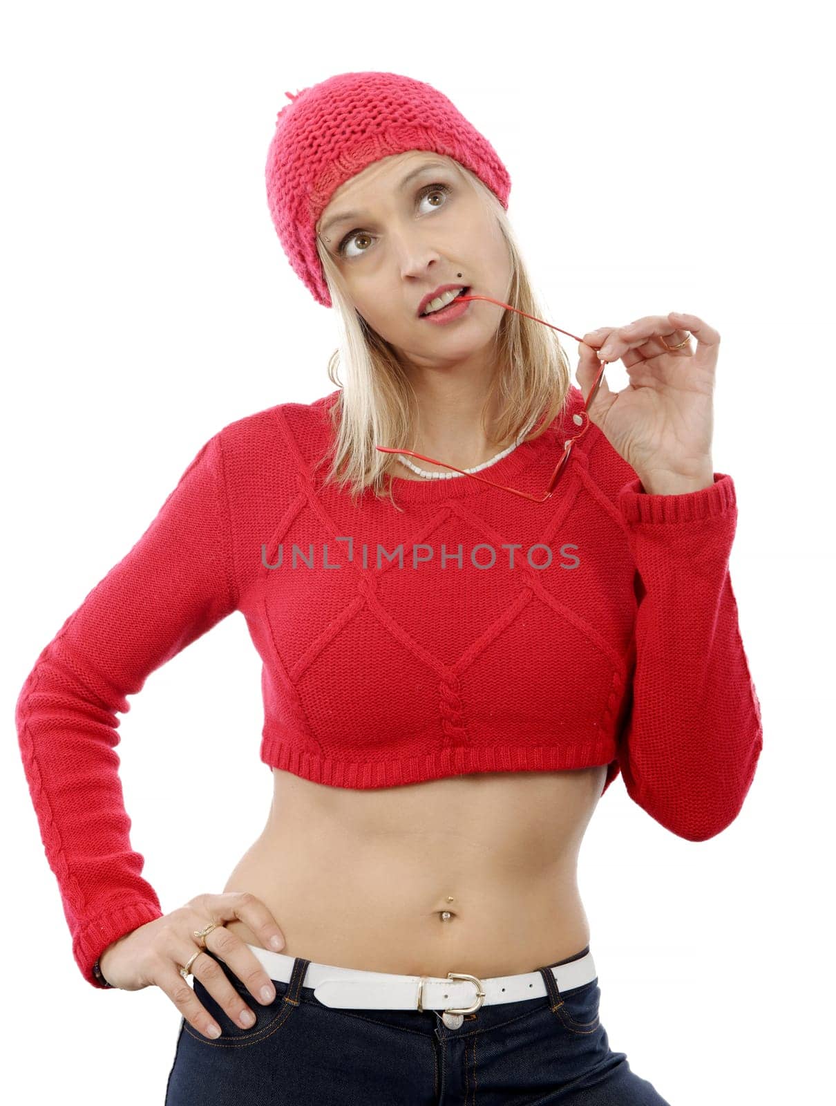 fashion blonde woman with red short sweater and winter hat