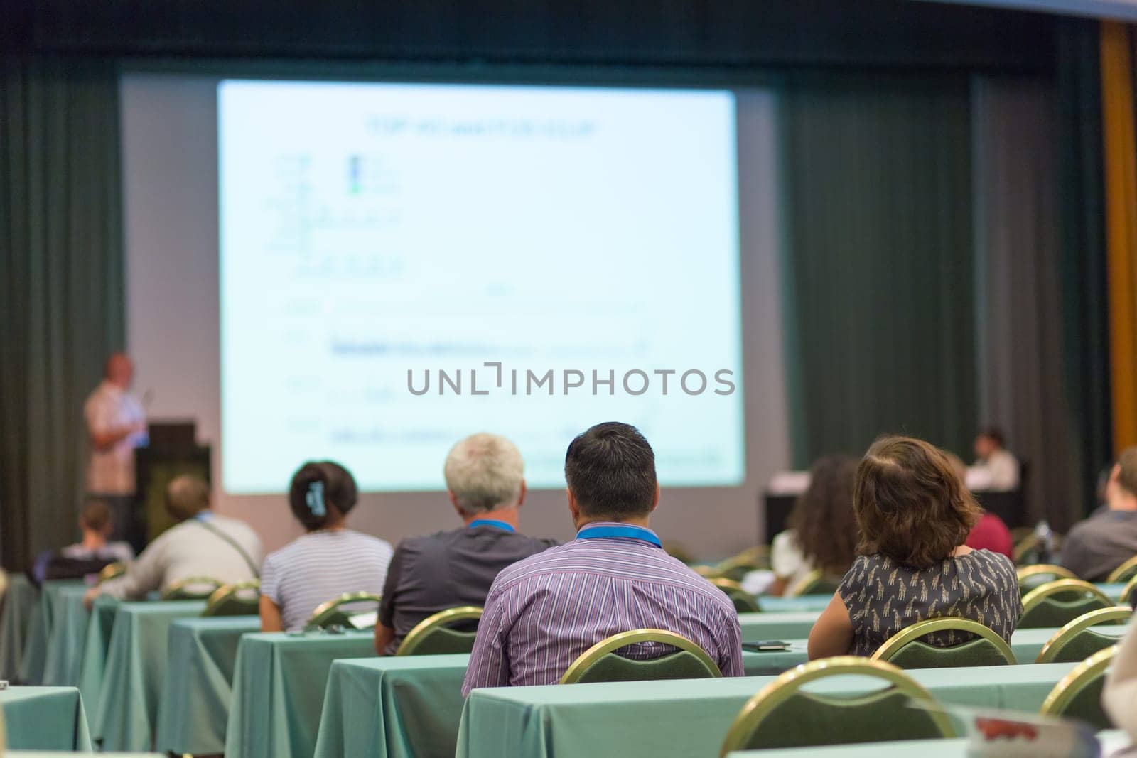 Business and entrepreneurship symposium. Speaker giving a talk at business meeting. Audience in the conference hall. Rear view of unrecognized participant in audience.