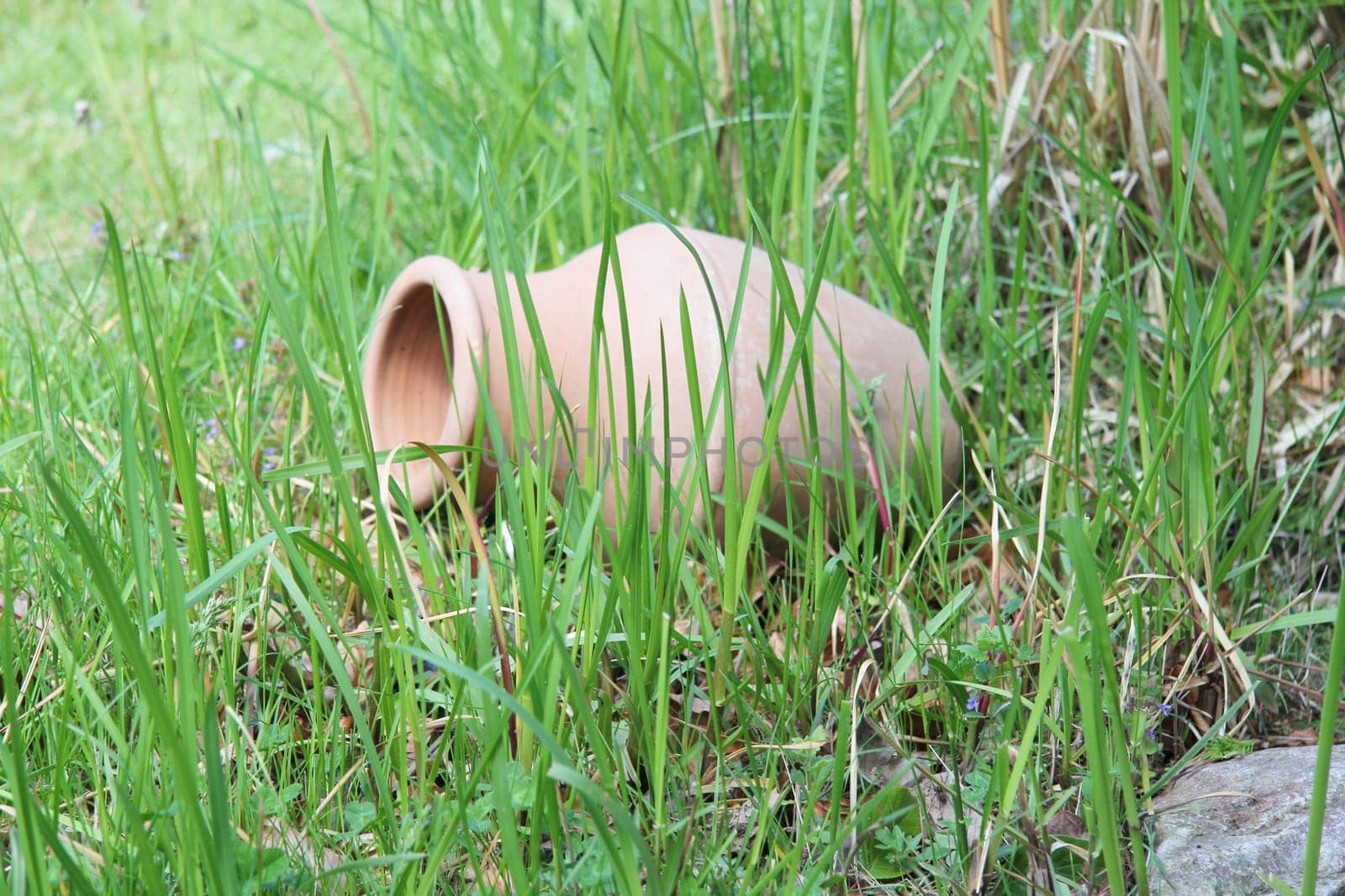 . A terracotta amphora lies in the green grass.