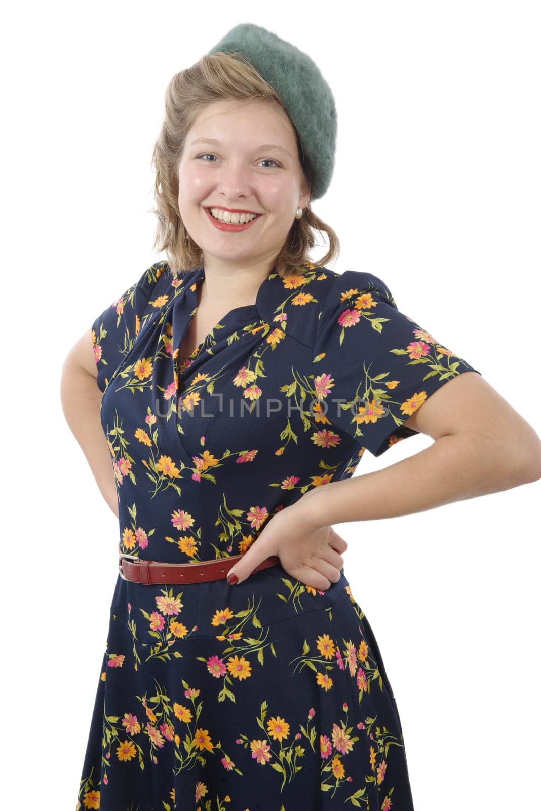 pretty young woman with clothes 1940 isolated on white background