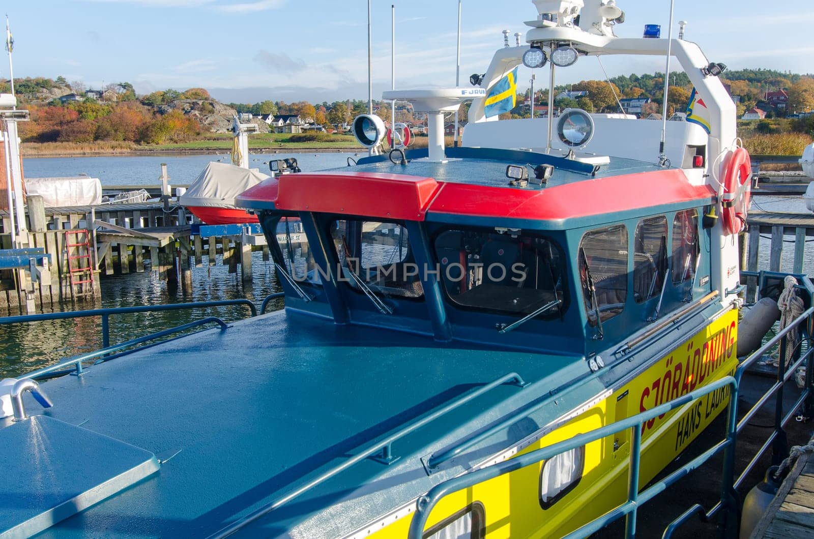 the boat from sweden sea rescue is in the harbour ready to help