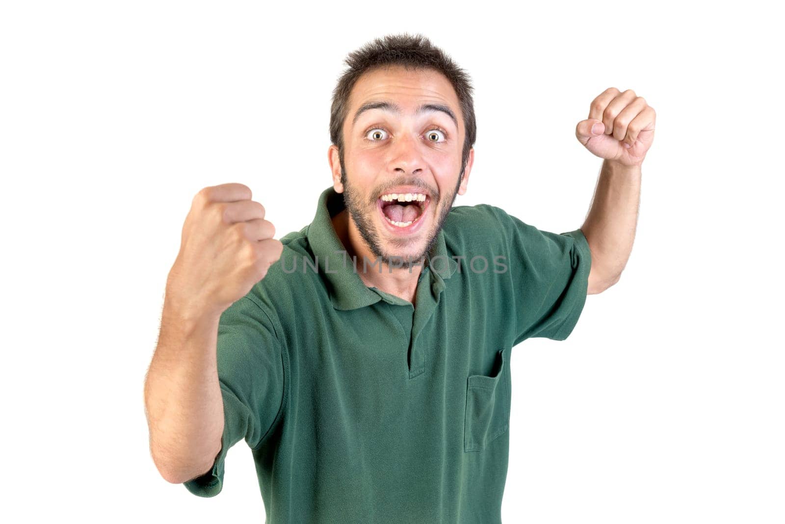 Happy young man making funny faces isolated in white