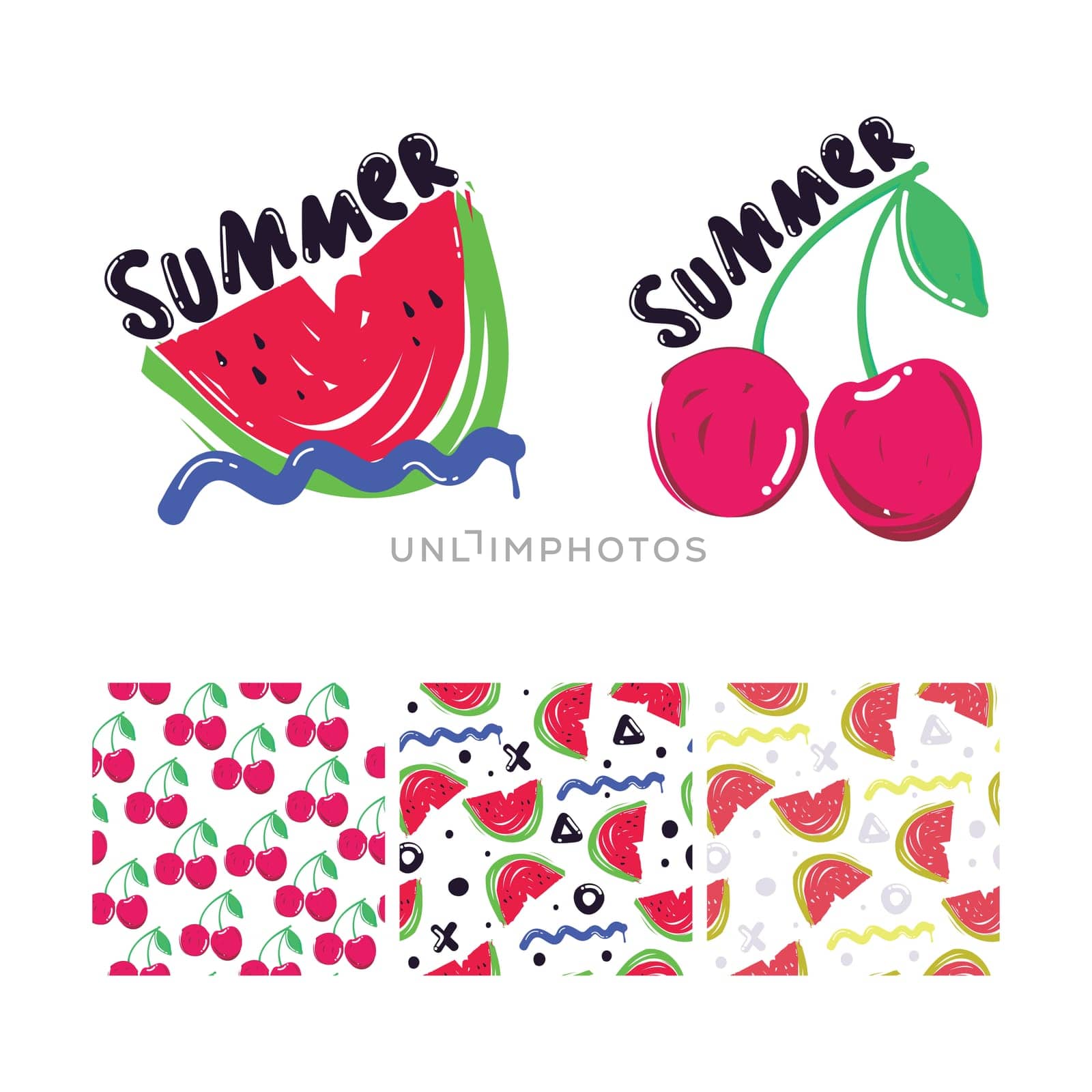 Color summer vector illustration set, Three simple summer seamless patterns and elements for poster