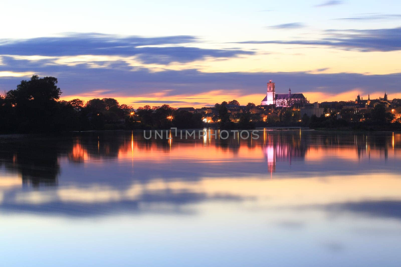 Cathedral and river Loire in the sunset, Nevers, Burgundy, France