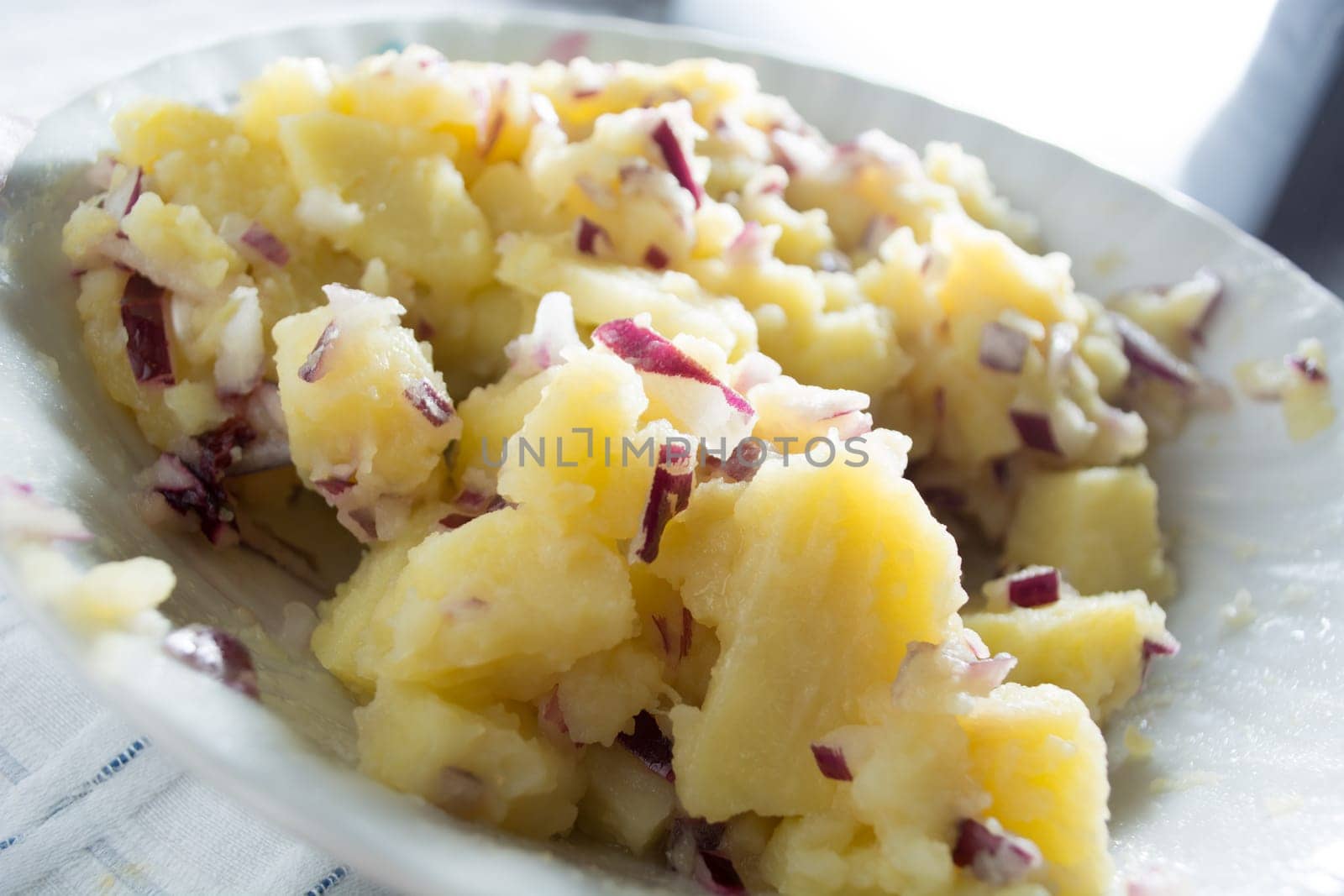 Potato salad with onions  (Selective Focus, Focus one third into the bowl)