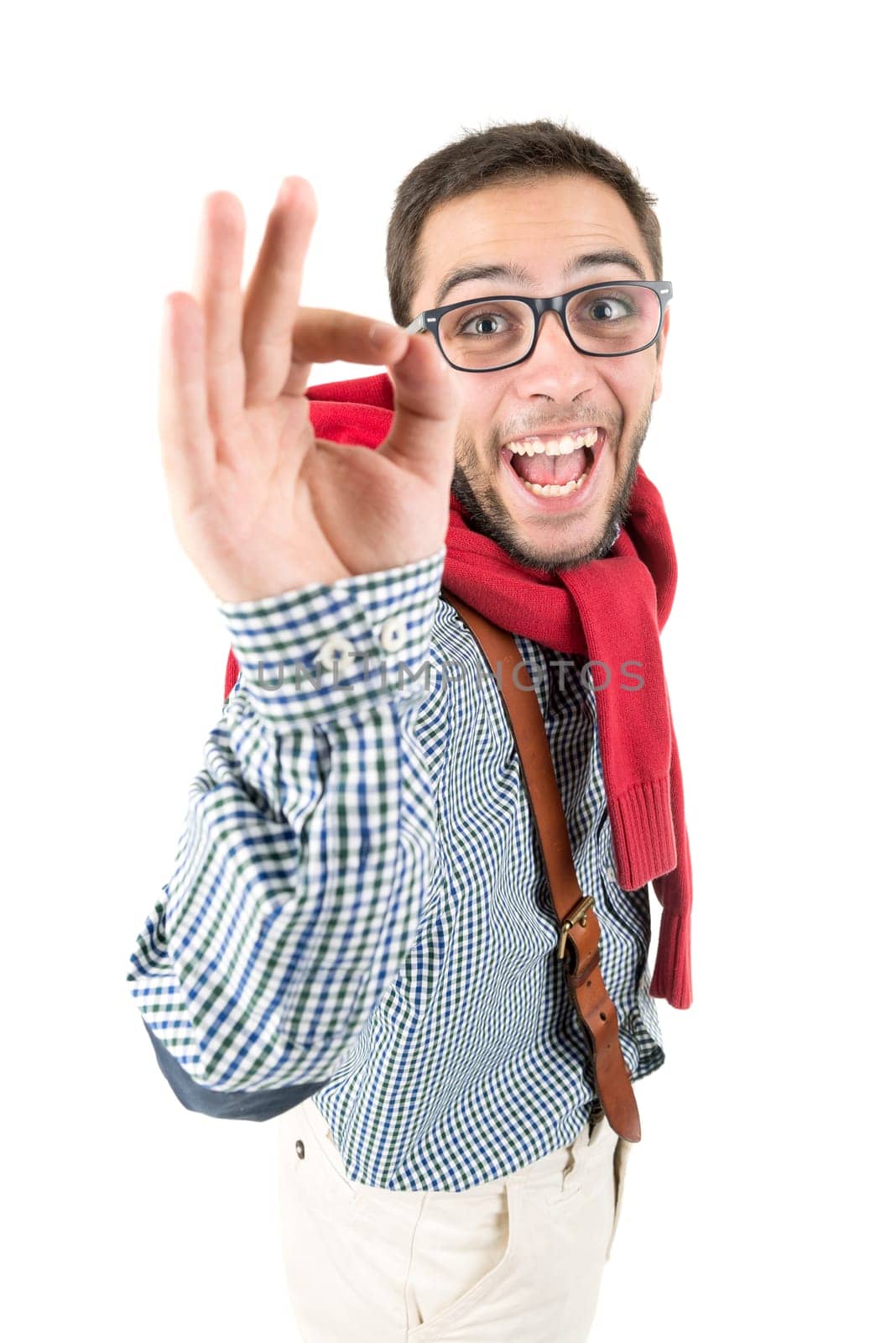 Happy nerd posing isolated in a white background
